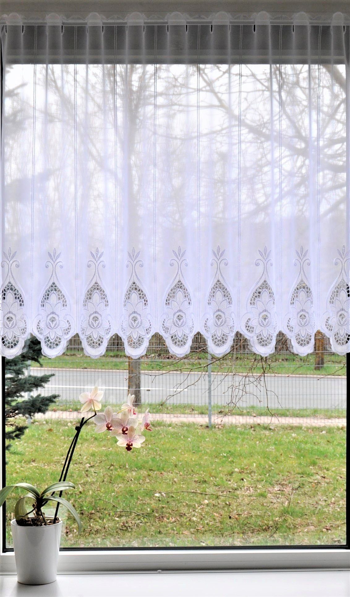 Stickereien Plauen Scheibengardine Blumen (1 St), Stangendurchzug, halbtransparent – Bild 4 von 5