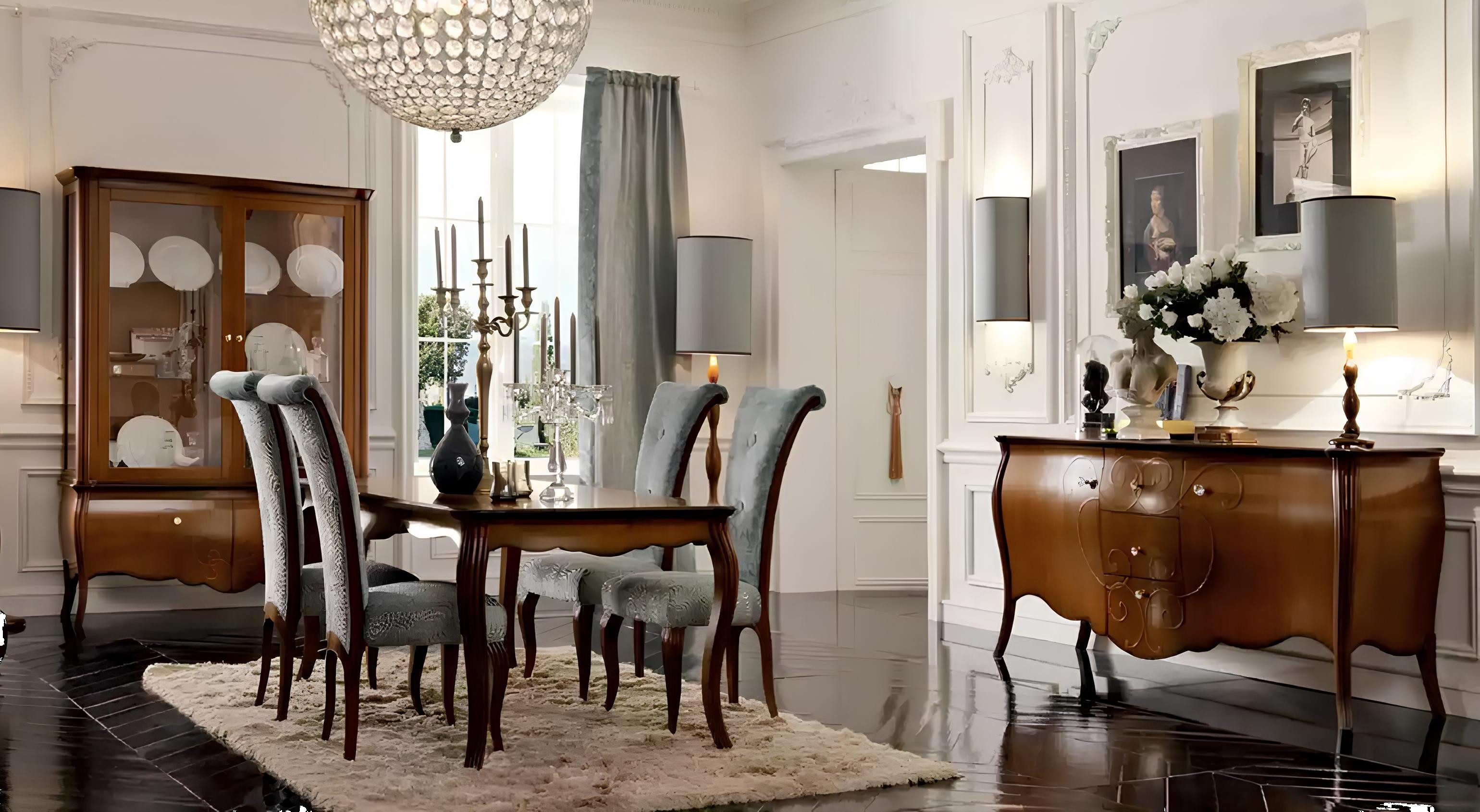 Xlmoebel Sideboard Esszimmer Set aus Holz mit Vitrine und Stühlen in elegantem Design (Esszimmer-Set, 7 St., Set 7 tlg. (Esstisch + 4x Stühle + Vitrine + Sideboard), Hergestellt in Europa