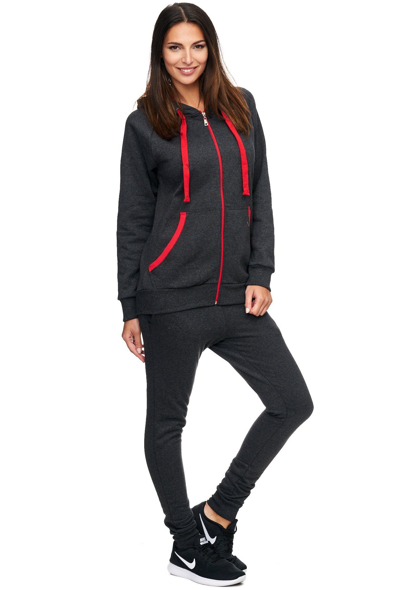 L.gonline Freizeitanzug Damen Freizeitanzug Jogginganzug Sweatwear 704 (Kapuzenjacke mit Reißverschluss, Hose, 2-tlg), Fitness Freizeit Casual