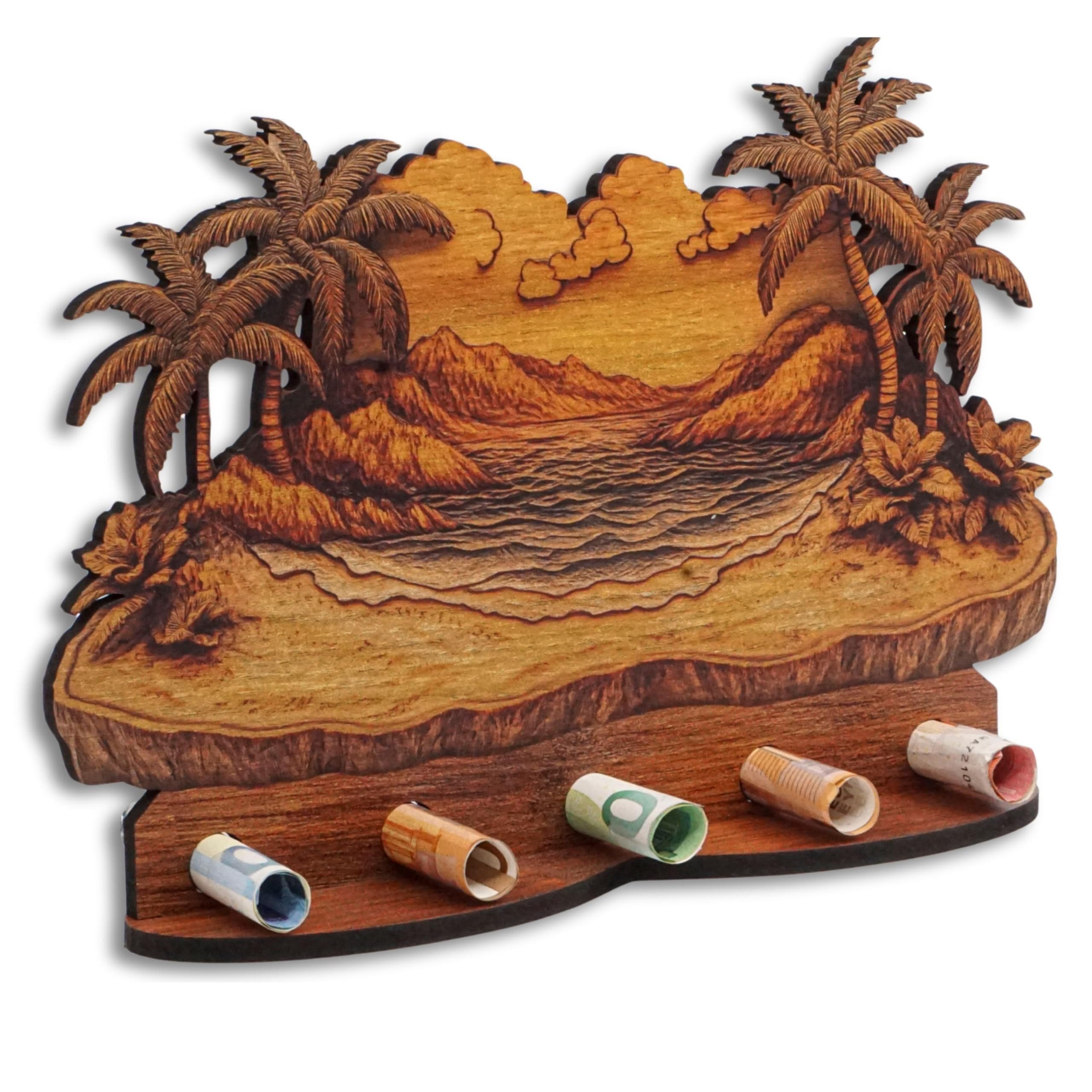 DARO Design Dekoobjekt Geldgeschenk Motiv Holzoptik mit Ständer Geschenkverpackung (Dekoration, Urlaub Strand – Geldscheinhalter), 28 cm breit, 6 mm HDF