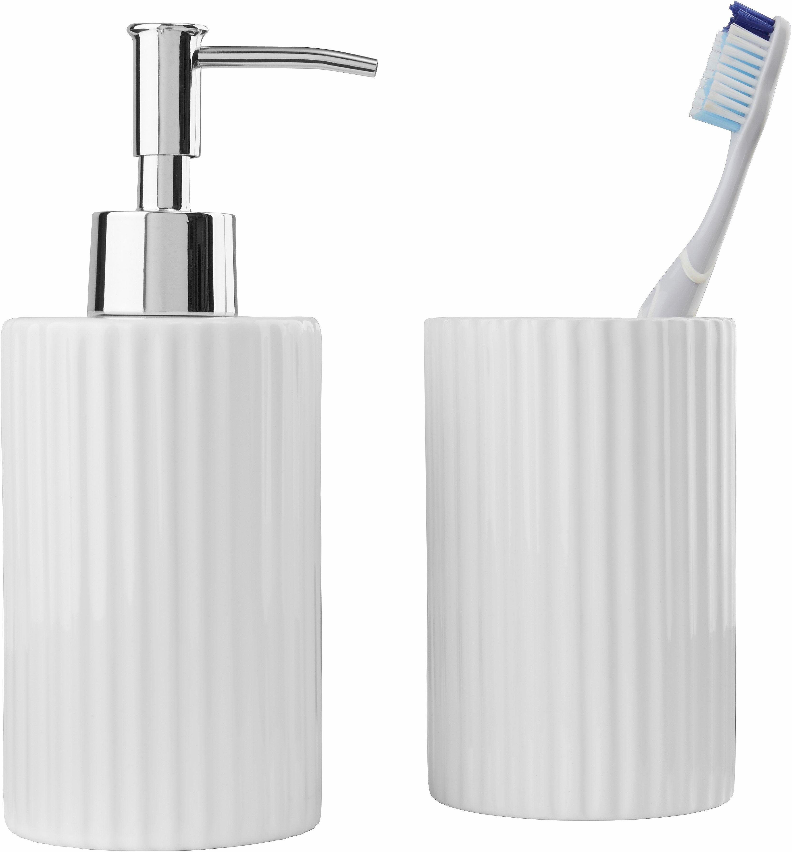 Topsky Badezimmer Set 4-teilig - Seifenspender Mit Tablett & 2 Zahnbecher In Weiß