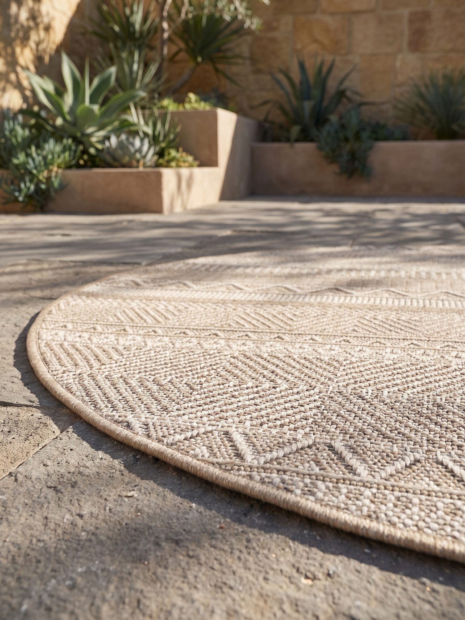 KADIMA DESIGN Teppich VENTOUX Wetterfest UV-Beständig Balkon Waschbar Strapazierfähig, Rund, Höhe: 5 mm, Beige, 80x80 cm, Outdoor Balkonteppich Terrasse Pflegel – Bild 4 von 5