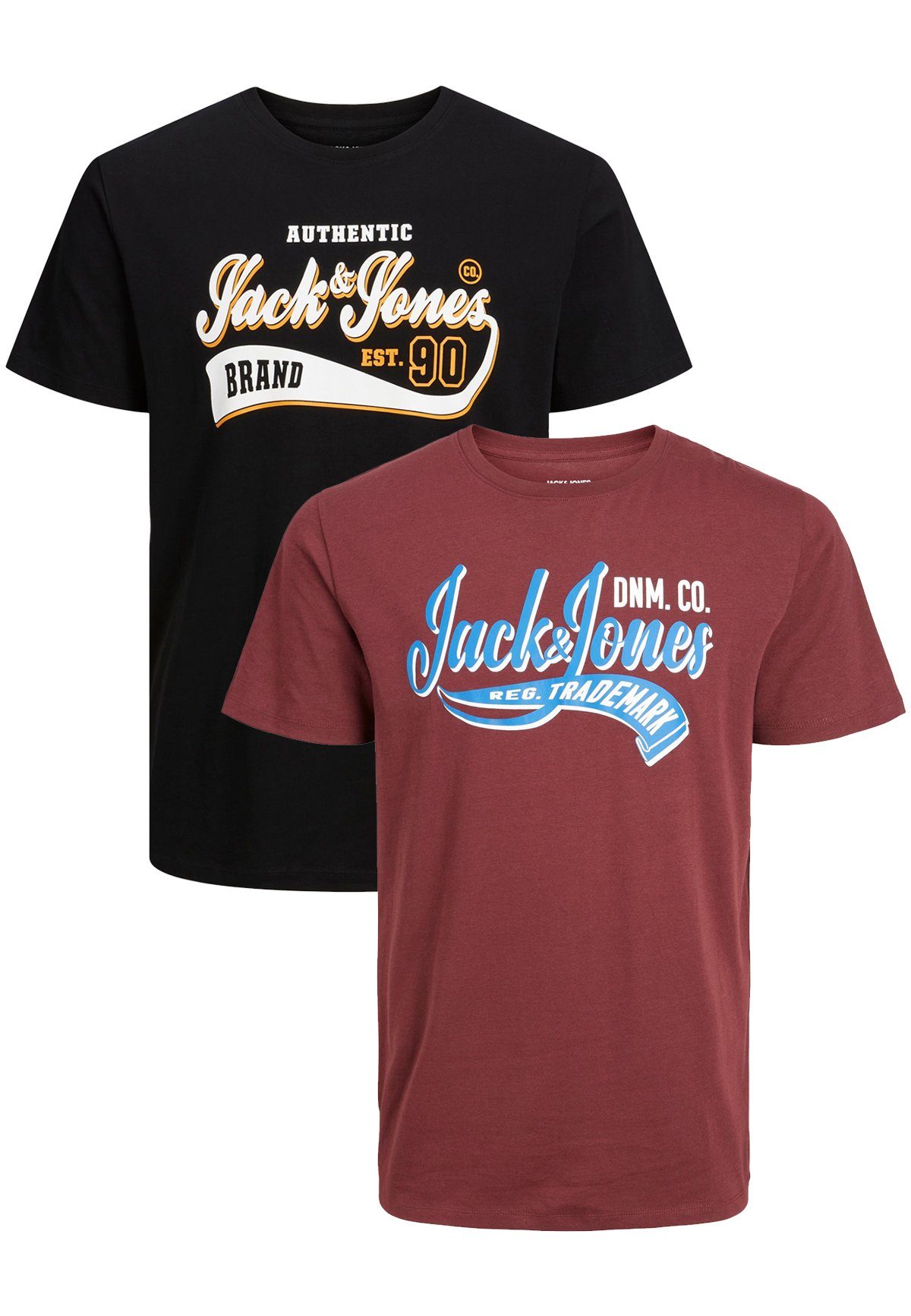 Jack & Jones T-Shirt 2-er Set Logo T-Shirt Kurzarm Basic Shirt JJELOGO (2-tlg) 5576 in Schwarz-Rot