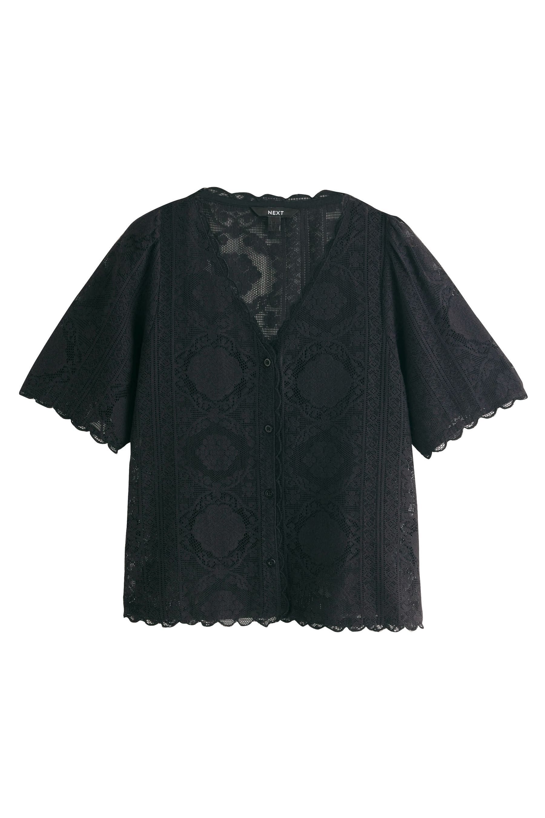 Next Hemdbluse Kurzarmoberteil mit V-Ausschnitt und Spitze (1-tlg)
