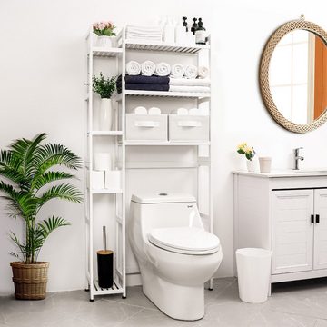 Yorbay Badregal Toilettenregal aus Bambus, Weiß WC Regal Badregal 79x23,3x166 cm, mit 2 Körben, mi 7 Ablagen, Multifunktional, Badezimmerregal, Verstellbar Badregal