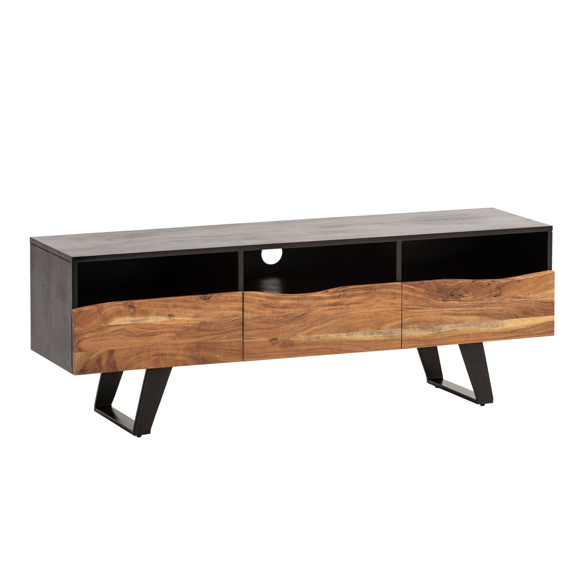 Wohnling Lowboard TV Schrank 140 cm Lowboard Holz Massiv Fernsehkommode Baumkante Modern (zwei Türen, 140x50x40 cm, Akazie Massivholz), TV-Schrank Modern Fernsehtisch, TV-Kommode Hoch