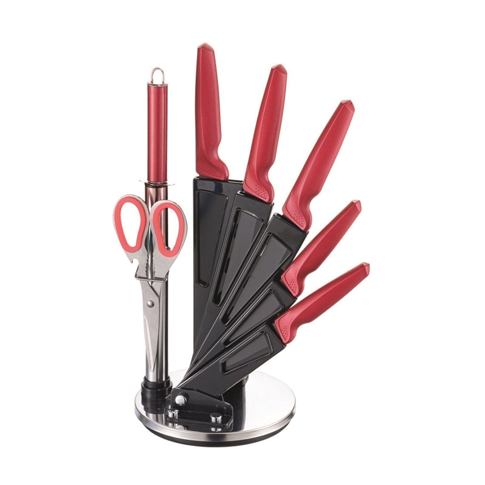 Michelino Messer-Set Acrylständer Wetzstahl und Schere mit 8-teilig Rot Messerblock Messerblock inkl. (8tlg),