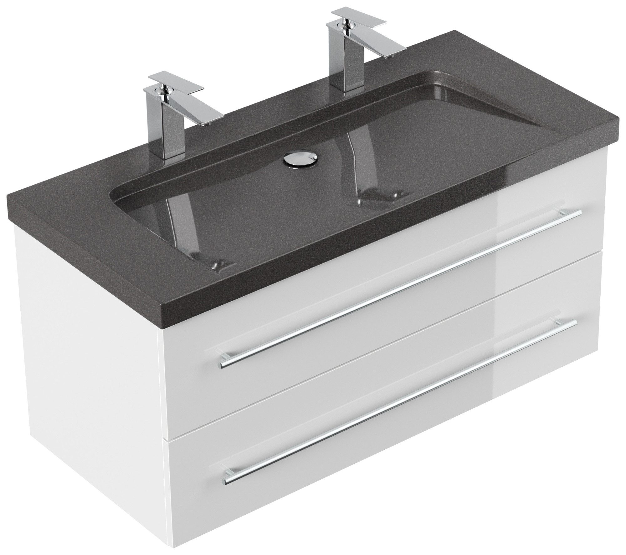 Magnolia Home Waschtisch Badmöbel Granit India Black Damo 100 cm 2 Hahnlöcher SoftClose weiß ho