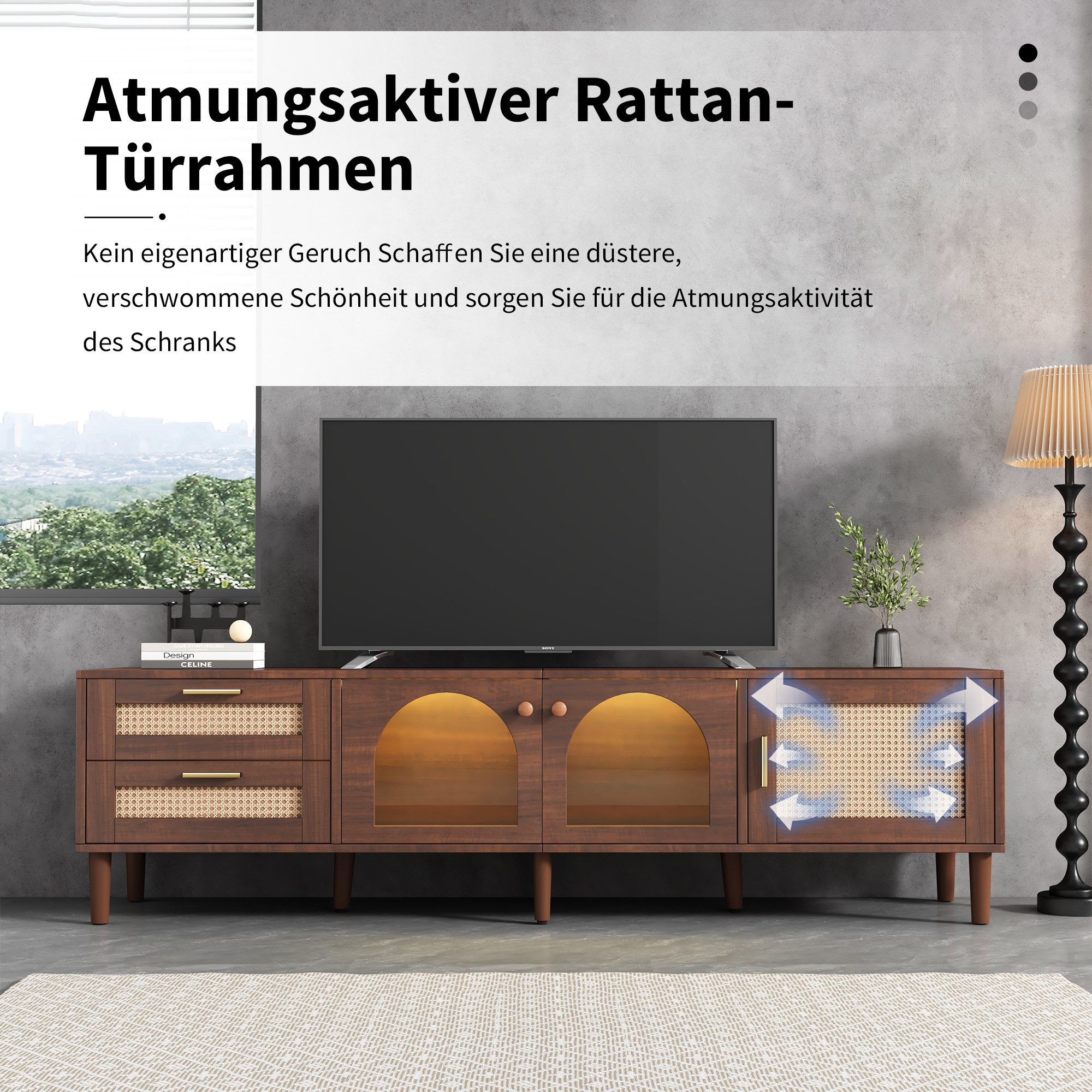 Yorbay TV-Schrank Rattan Design,mit LED-Beleuchtung,Braun Lowboard für 80-Zoll-Fernseher Vintage Lowboard mit 2 Rattan-Schubladen und 3 geschlossener Stauräume – Bild 5 von 5