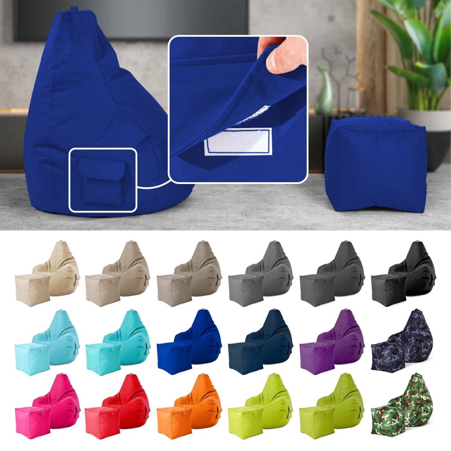 Green Bean - waschbar Gamer - Sitzhocker Relax-Sessel Sitzsack befüllt (2er Set Blau & robust Kinder Bean Bag + Bodenkissen), Gamingstuhl Cozy+Cube schmutzabweisend Sitzsack fertig Erwachsene Pouf Lounge Hocker 