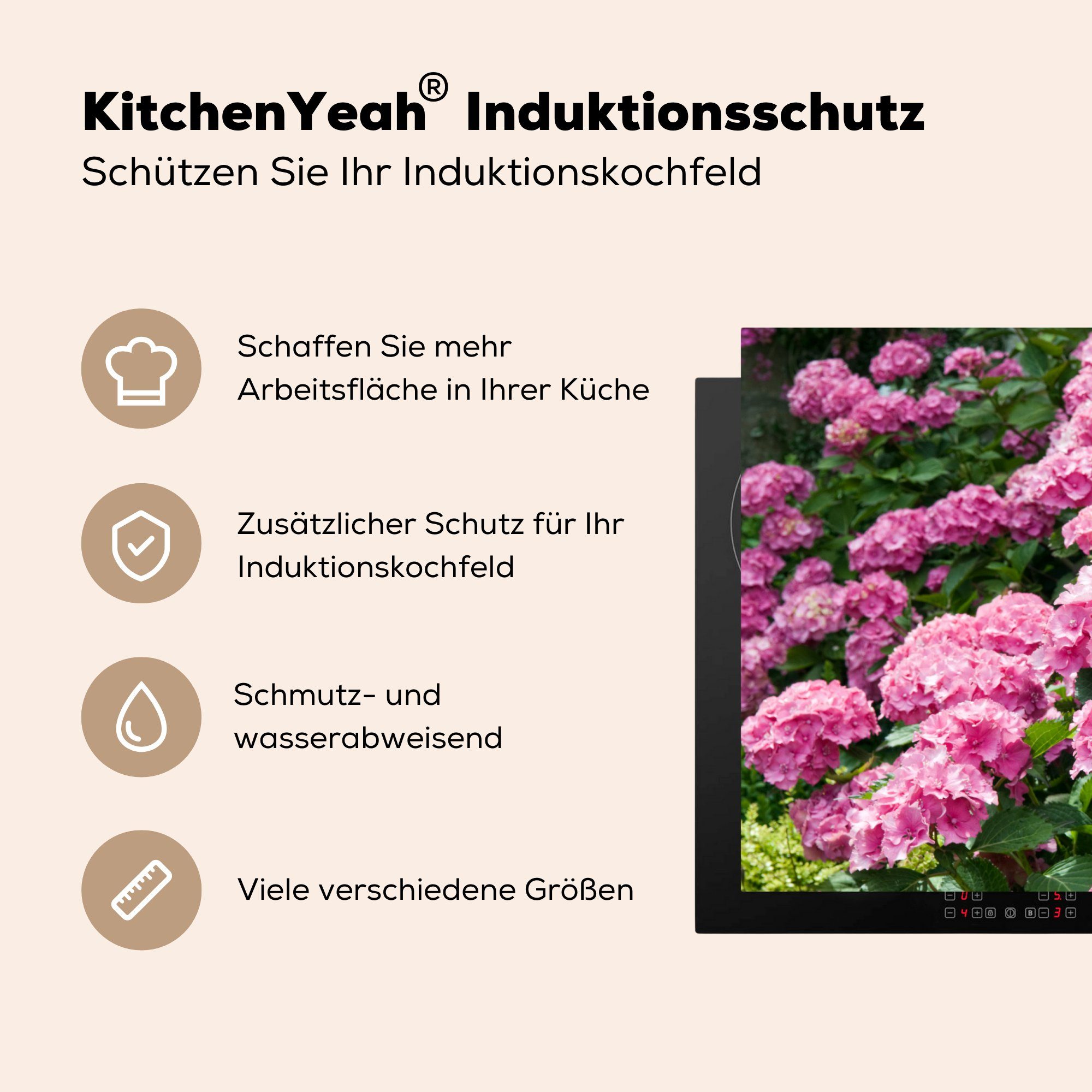 Vinyl, Schutz rosa Ceranfeldabdeckung (1 81x52 Herdblende-/Abdeckplatte cm, tlg), Sommer, Induktionskochfeld küche, für im Hortensien die MuchoWow