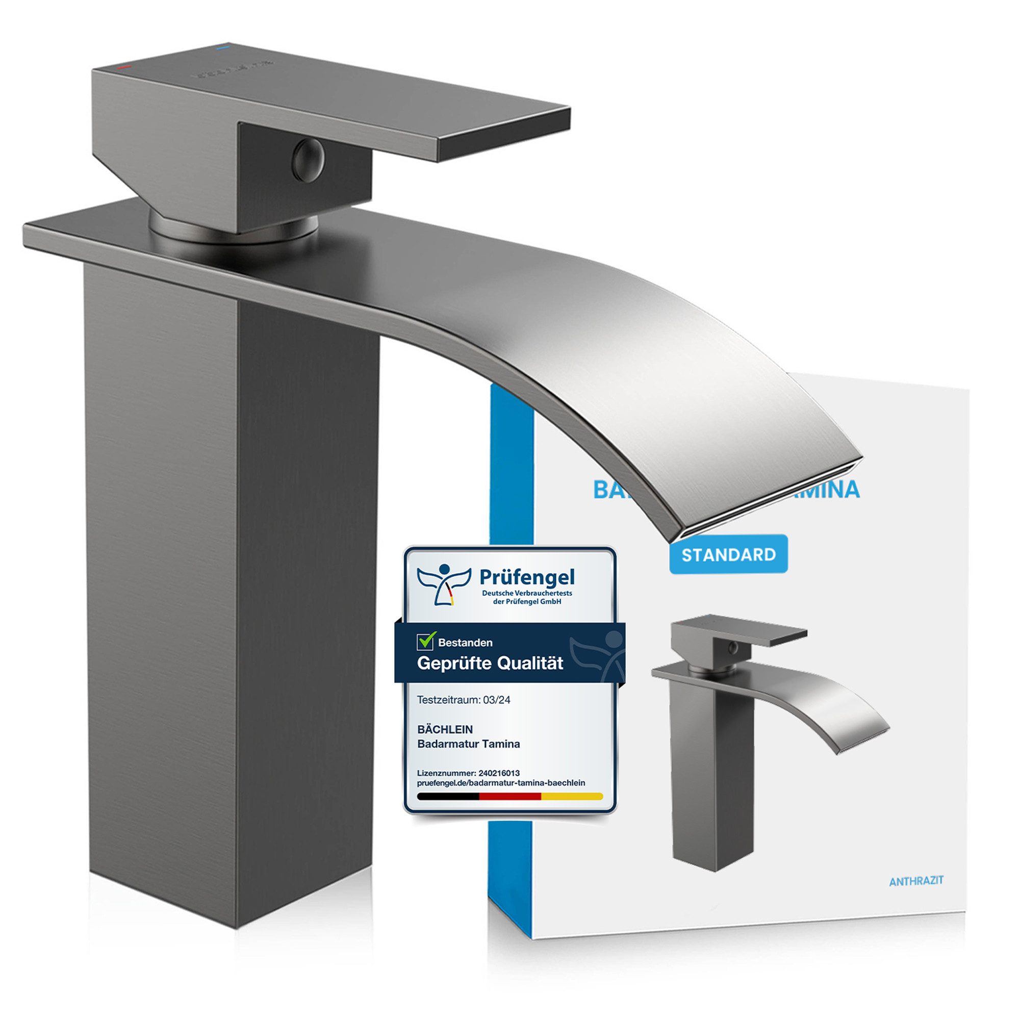 Bächlein Badarmatur Elegante Badarmatur Tamina (Anthrazit) hochwertige Designarmatur mit Wasserfalloptik