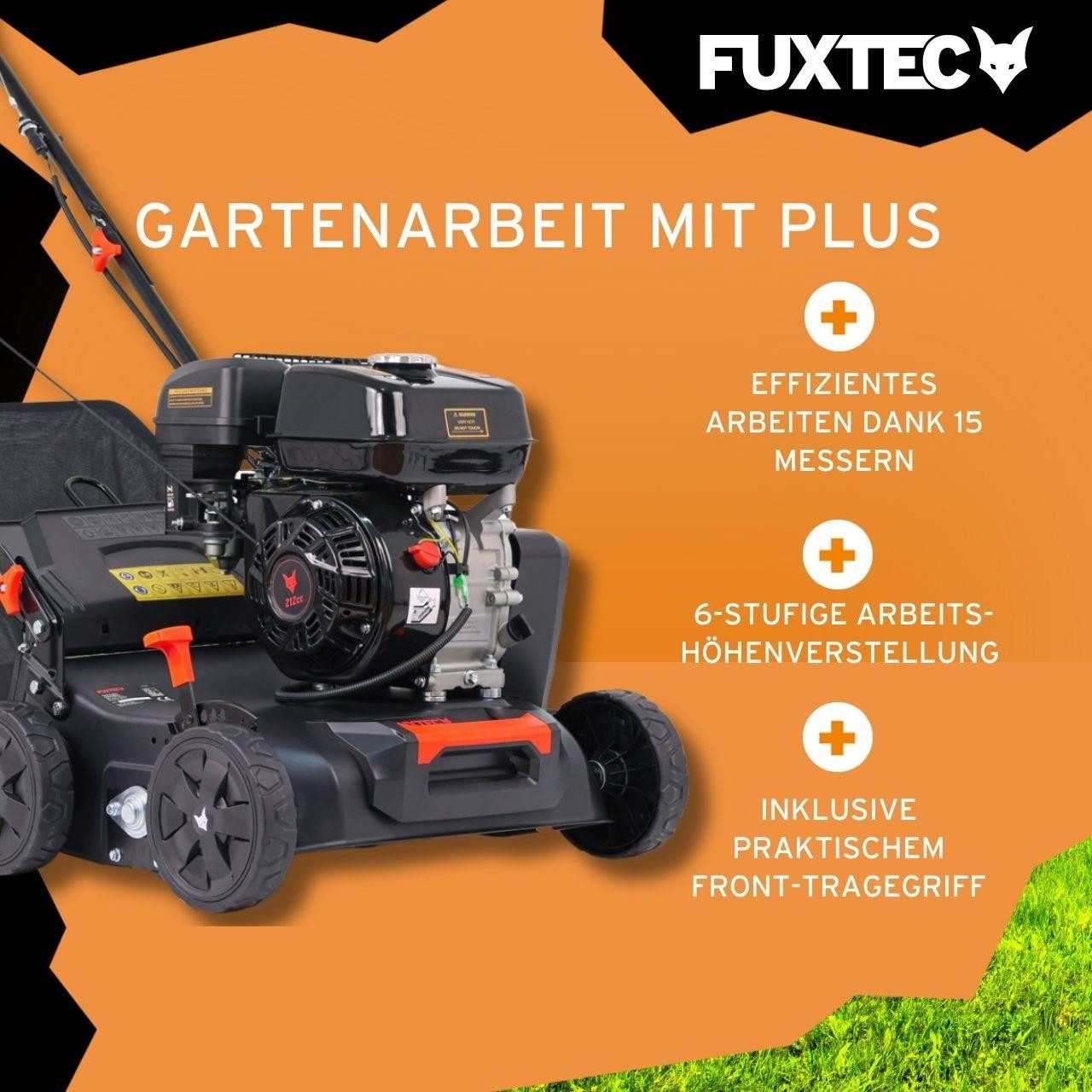 FUXTEC Benzin-Vertikutierer FX-BV240ECO, 40,6 cm Arbeitsbreite, 212cc 4-Takt Benzinmotor, 5-fach Tiefeneinstellung, 40L Fangkorb
