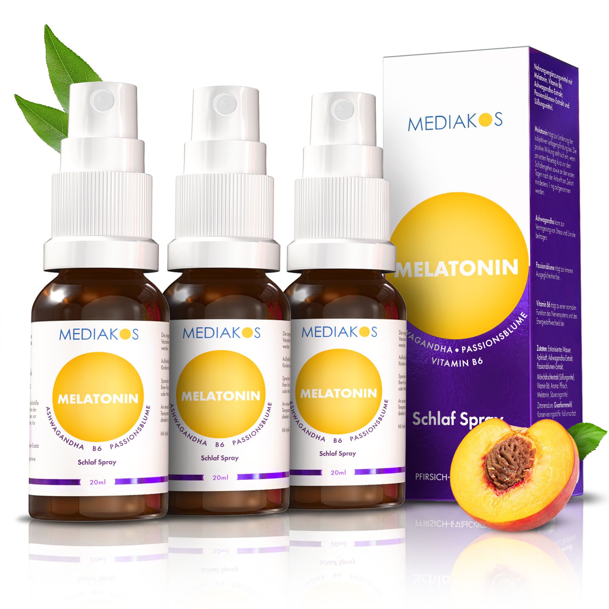 Mediakos Mediakos Melatonin Ashwagandha Schlaf Spray, mit Vitamin B6 und Passionsblume – schneller einschlafen, besser durchschlafen – Vegan à 60 ml