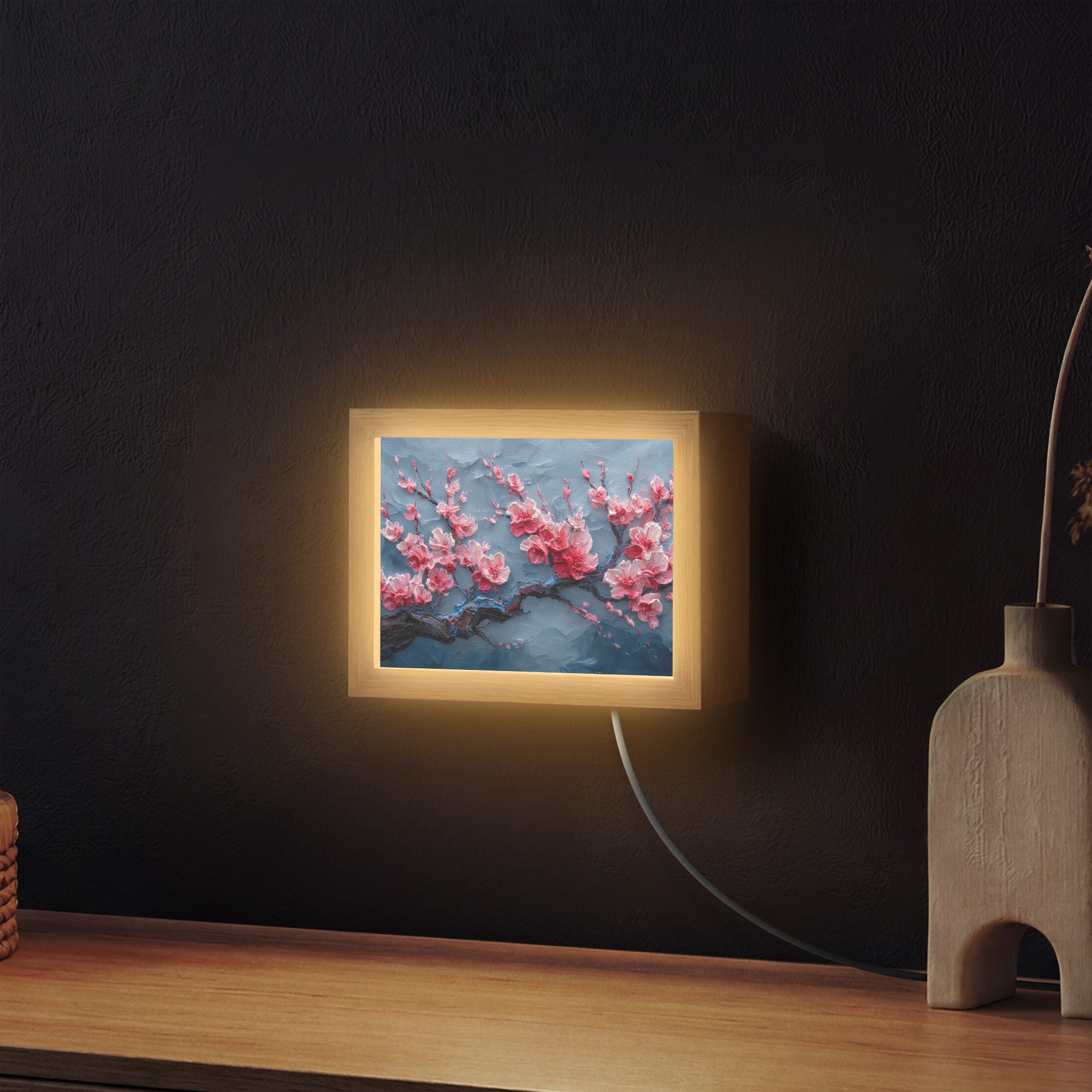 OnlyWow Wandleuchte Lightbox Blüte - Blume - Rosa - Zweig, Dimmbar, Farbwechsel, LED, Warmweiß, Kaltweiß, Neutralweiß Einstellbar, Wandlampe Innen, Dimmbar, mit Kabel, LED, Modern, Flur