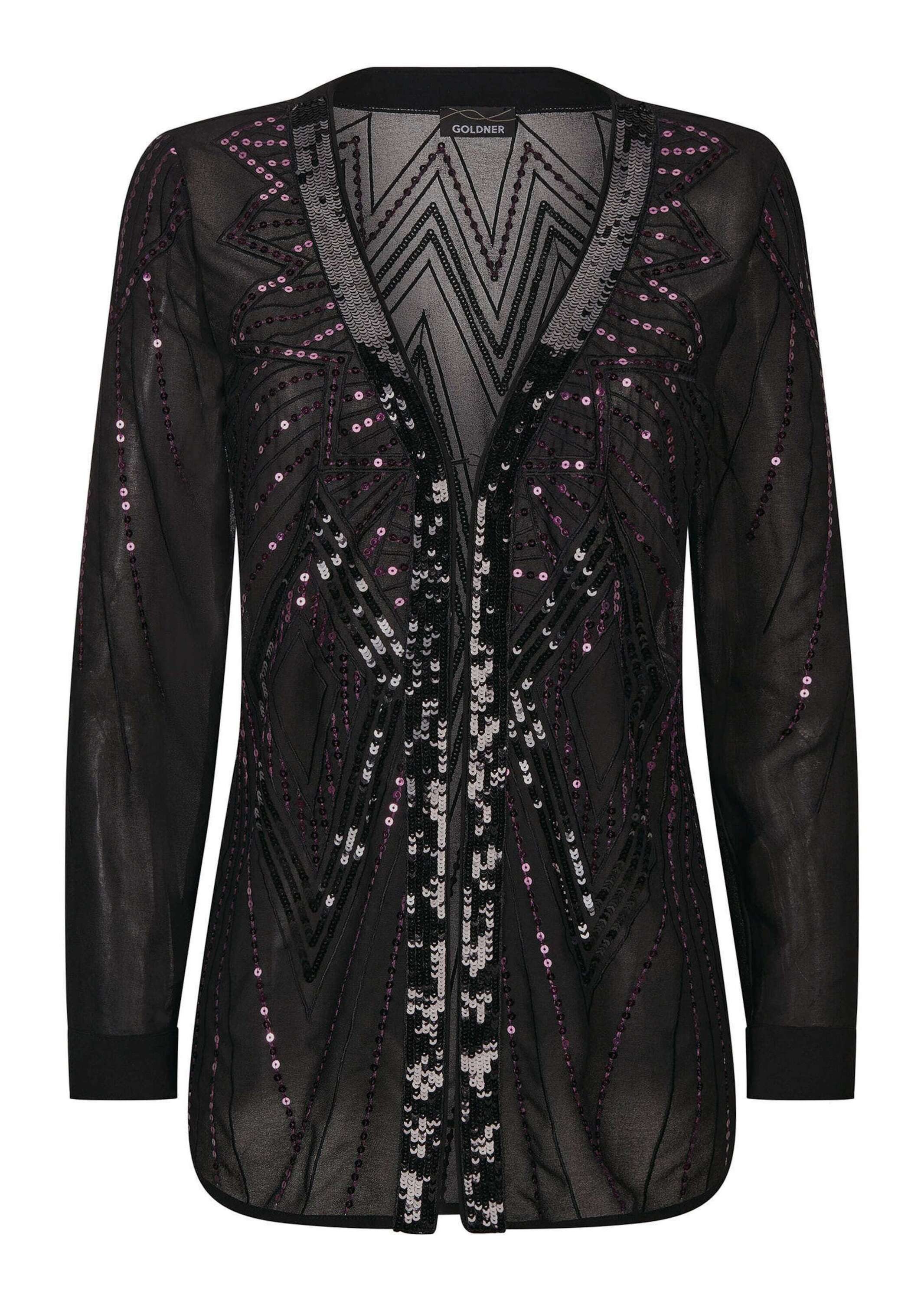 GOLDNER Chiffonbluse Edle Pailletten-Jacke mit V-Ausschnitt Blusenjacke mit grafischem Muster, Häkchenverschluss und Langarm