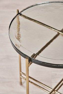 carla&marge Beistelltisch Casting II (Tisch mit gekreuztem Beingestell aus goldfarbenem Eisen und Platte aus massivem Gussglas, 38x50 cm), Couchtisch mit transparenter Glasplatte