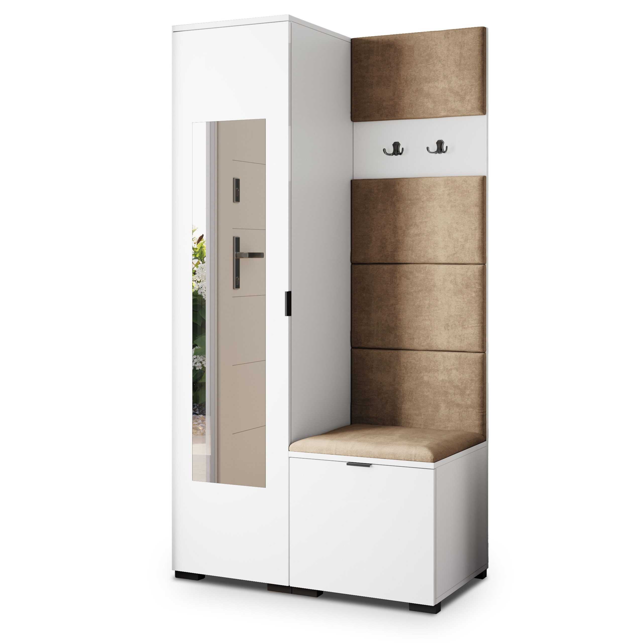 Masseno Garderobenschrank VIRA 95 x 181 cm Garderoben-Set mit Spiegel und 1 Türen Weiß