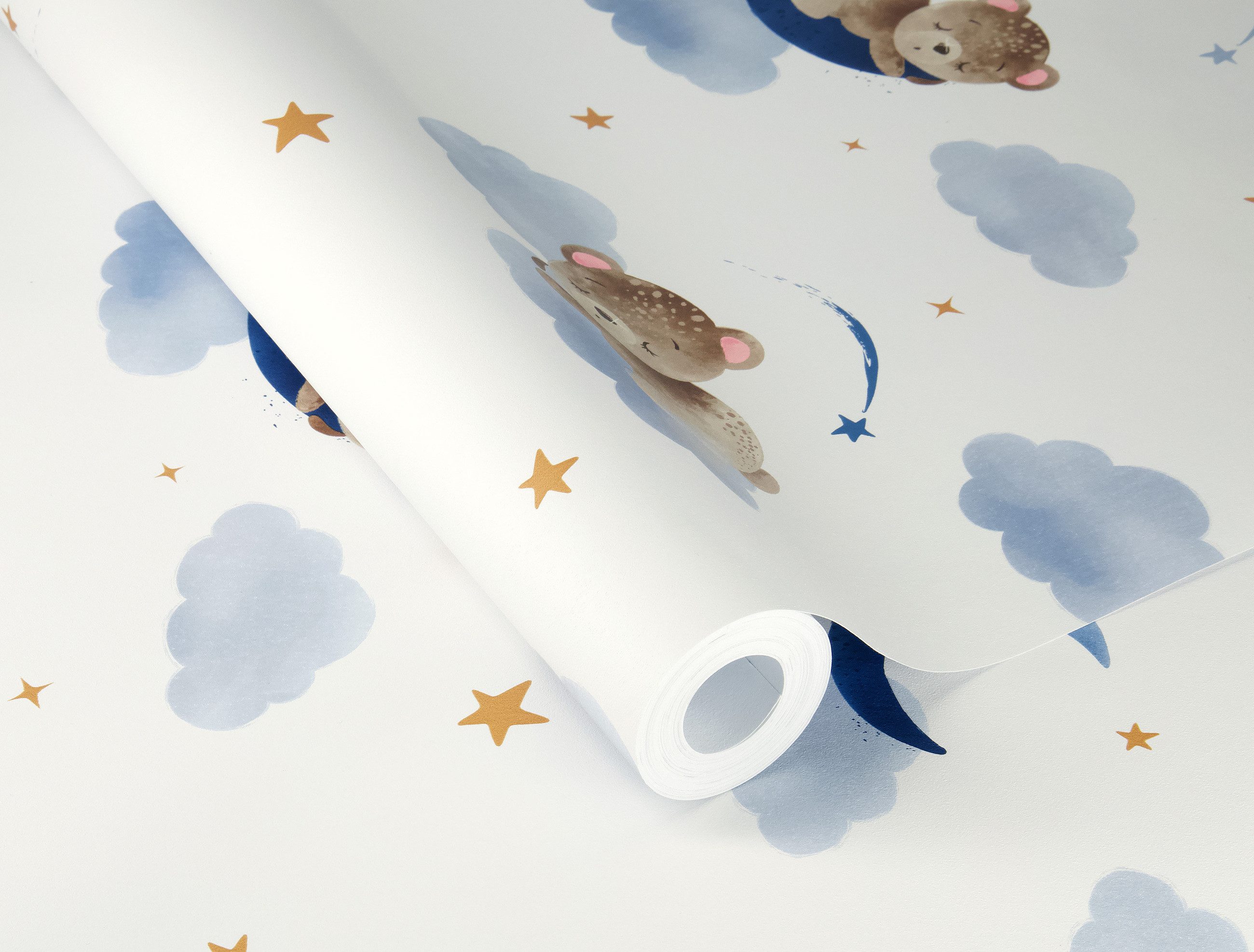 Rasch Vliestapete 321005 - Kinderzimmer-Tapete mit kleinen, schlafenden Bären, strukturiert, gemustert, (1 Rolle, 1 St), Himmel