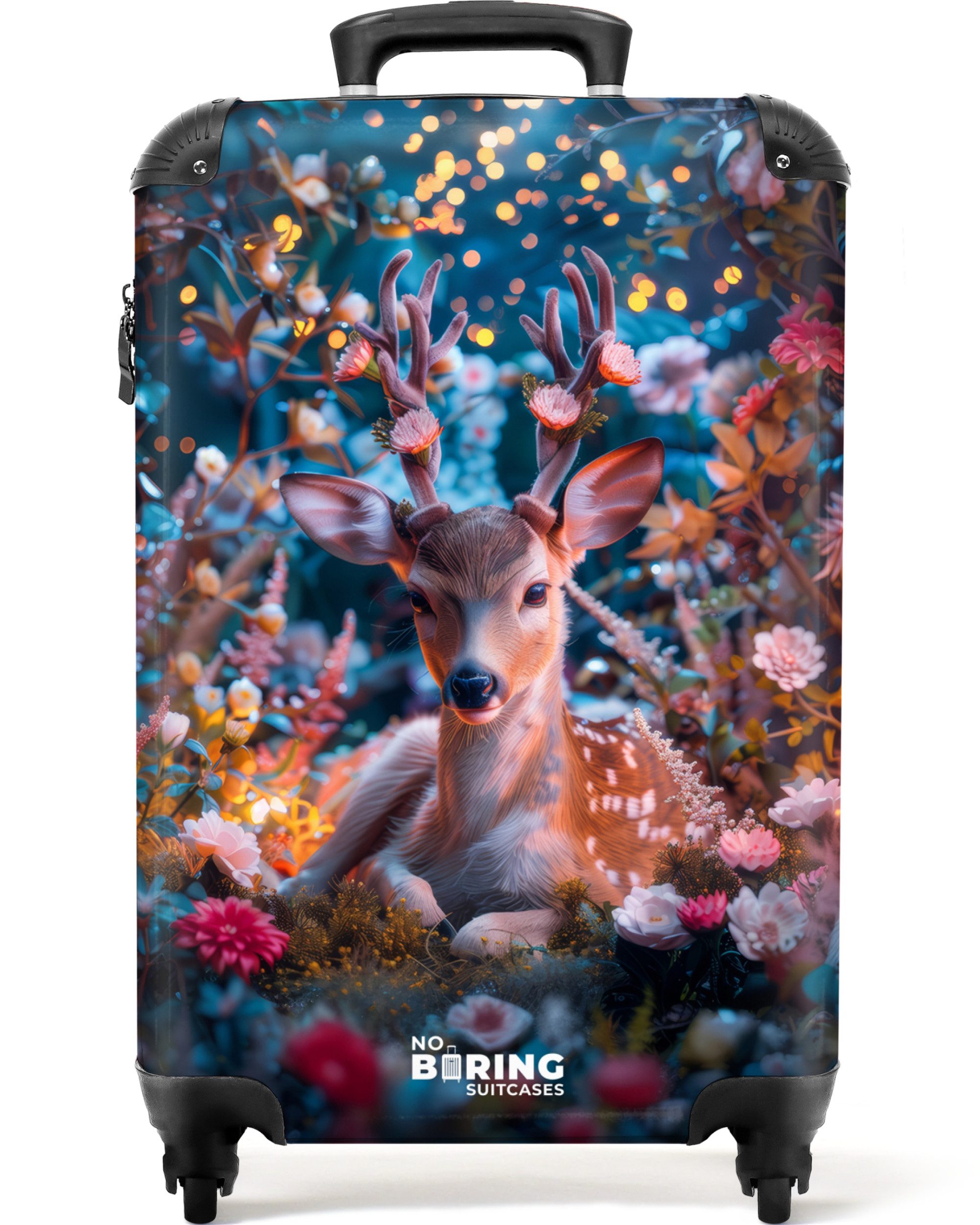 NoBoringSuitcases.com© Kinderkoffer Hirsche mit großem Geweih zwischen Blumen und Lichtern 55x35x20cm, Kinder Koffer Klein, Trolley Handgepäck, Reisekoffer