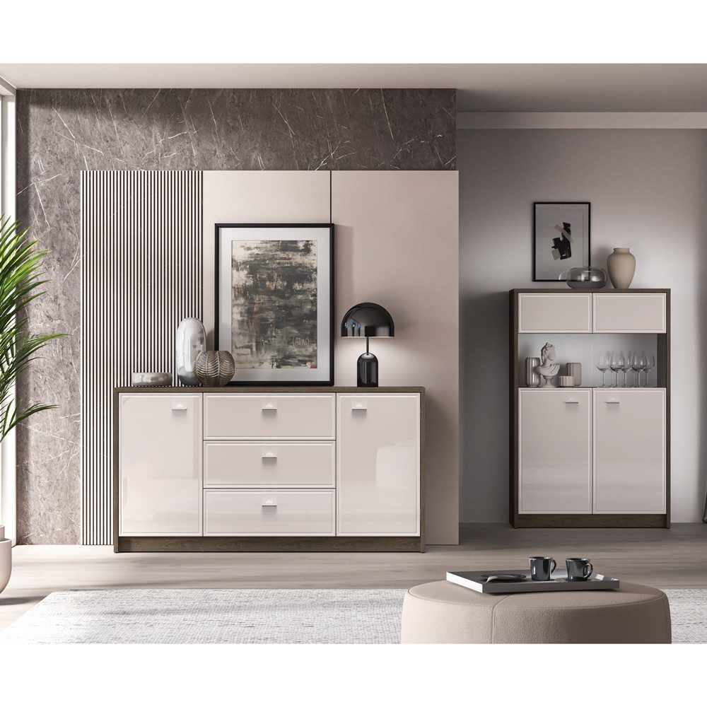 Lomadox Wohnwand ALESSANDRIA-131, (2-St., Sideboard Highboard), in Beige Hochglanz mit Eiche, inkl. LED Beleuchtung