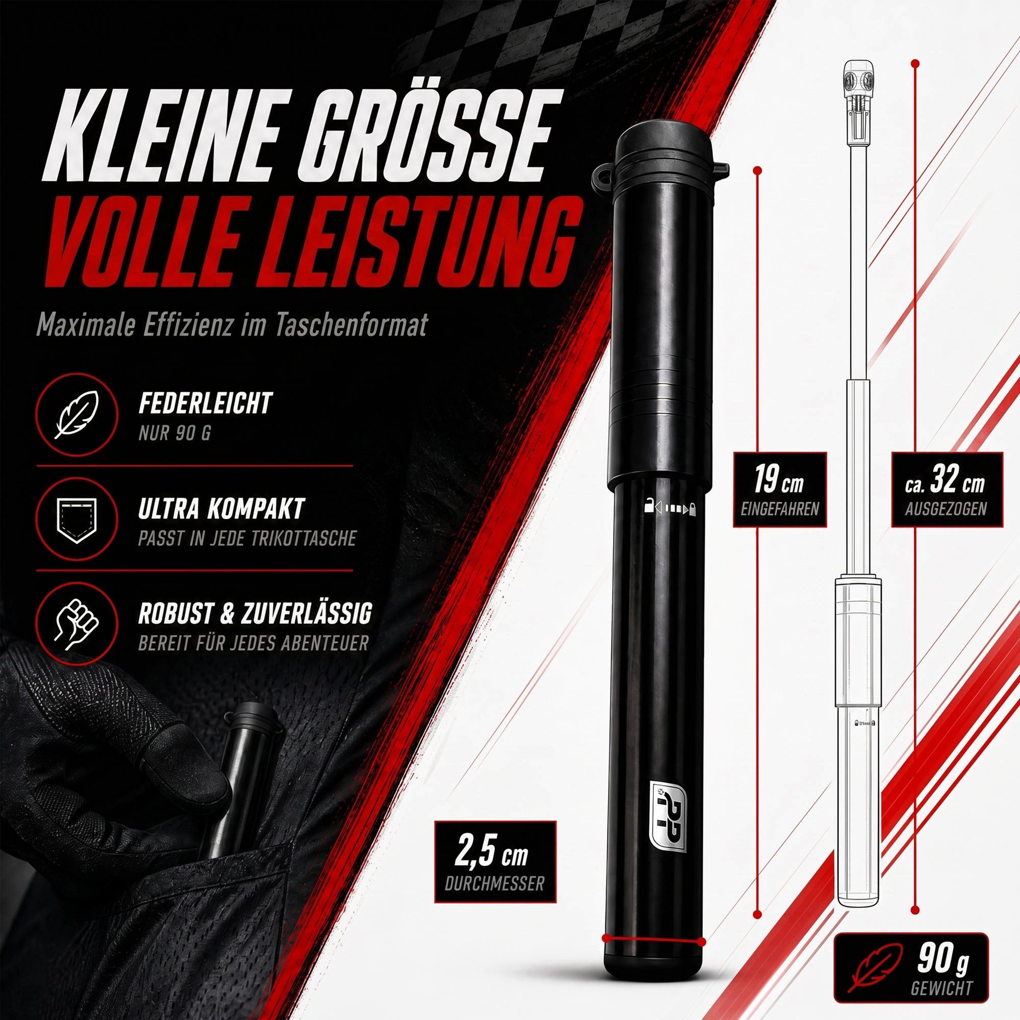 Pitlane Performance Luftpumpe Profi Fahrradpumpe Klein Mini Luftpumpe Fahrrad (für alle Ventile 11 Bar), Presta Schrader Dunlop Luftpumpe mit Halterung & flexiblem Schlauch