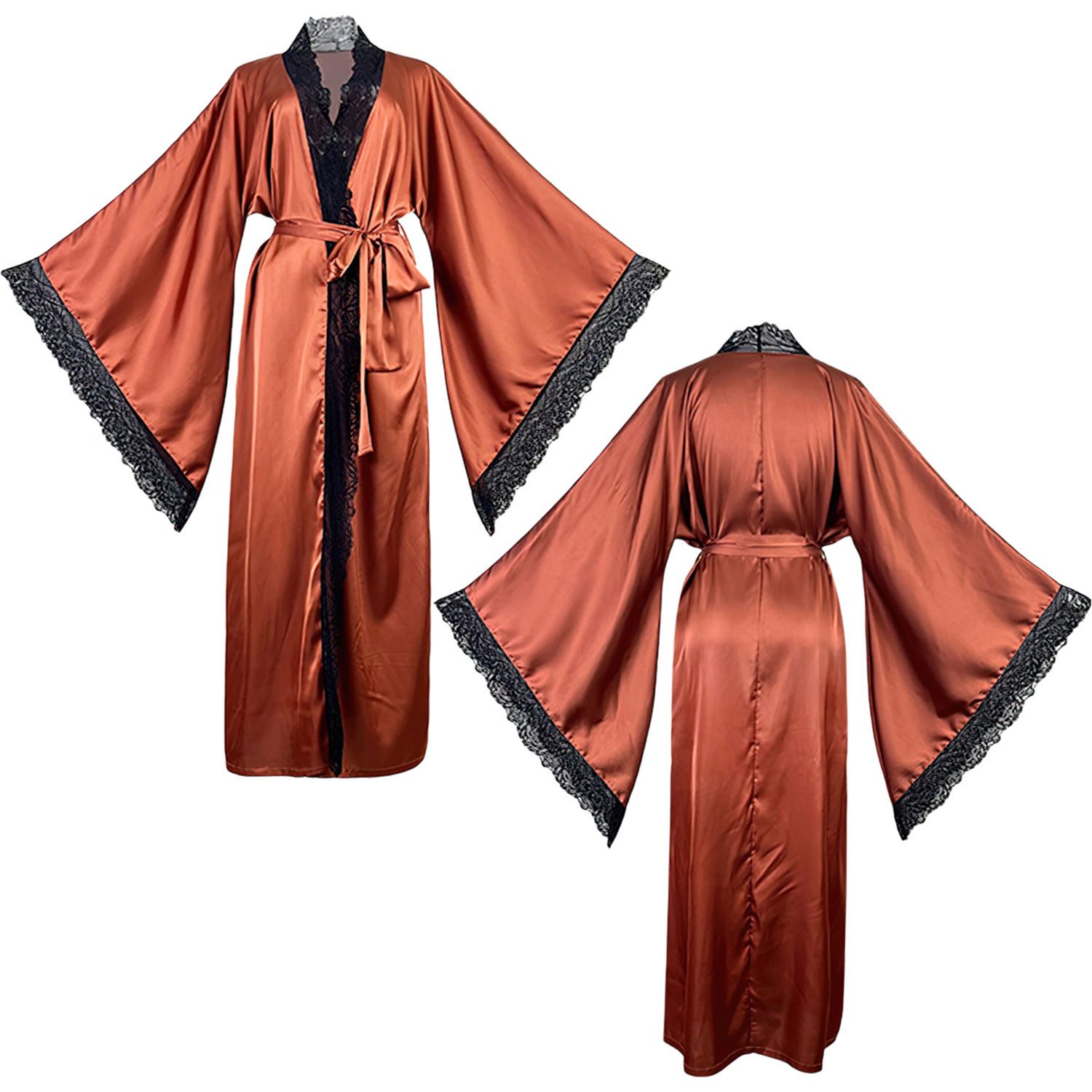 Refttenw Pyjama Satin Bademantel,V-Ausschnitt Nachthemd,Spitze Nachtkleid,mit Gürtel