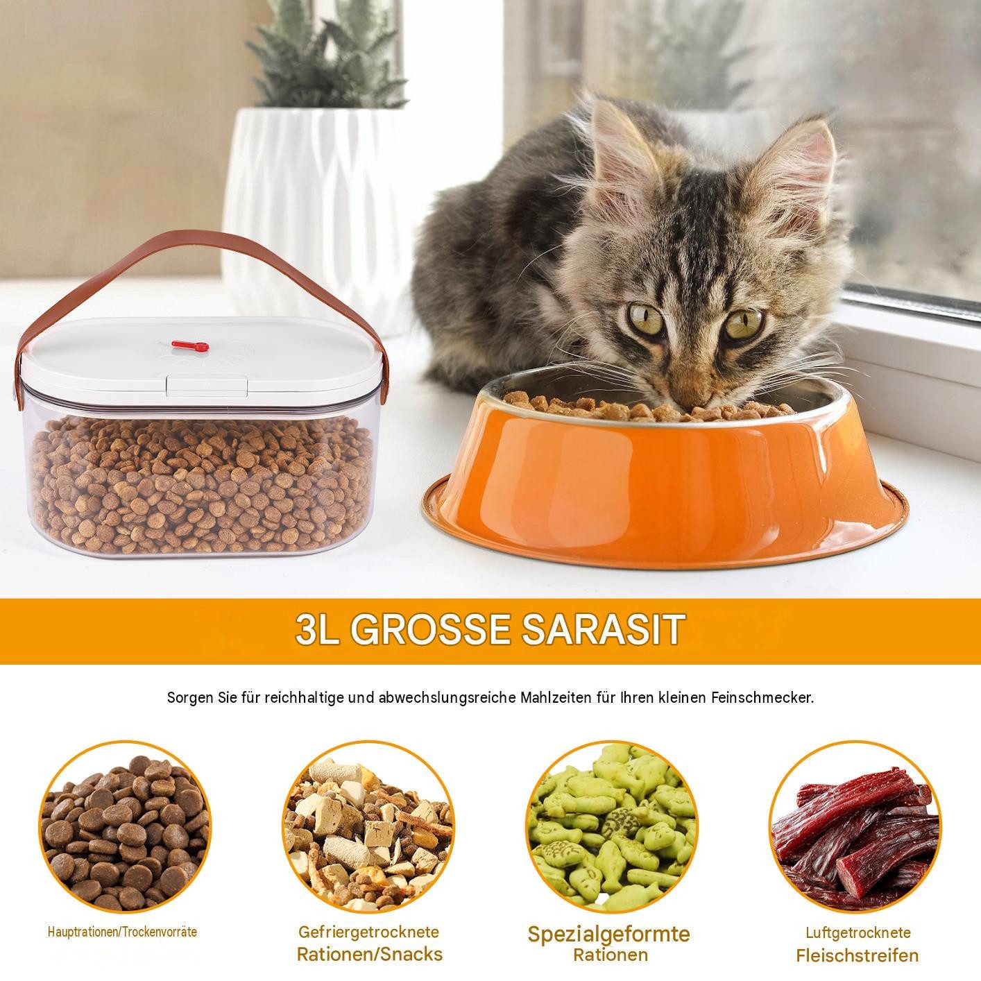 BlingBin Futterbehälter Futtertonne Katzenfutter Aufbewahrung mit Griff und Dosierlöffel, Kunststoff, (1 Stück, 1-tlg., 25,8 × 14 × 14 cm, 3l), transparentem Kunststoff Aufbewahrungsbox für Snacks und Trockenfutter