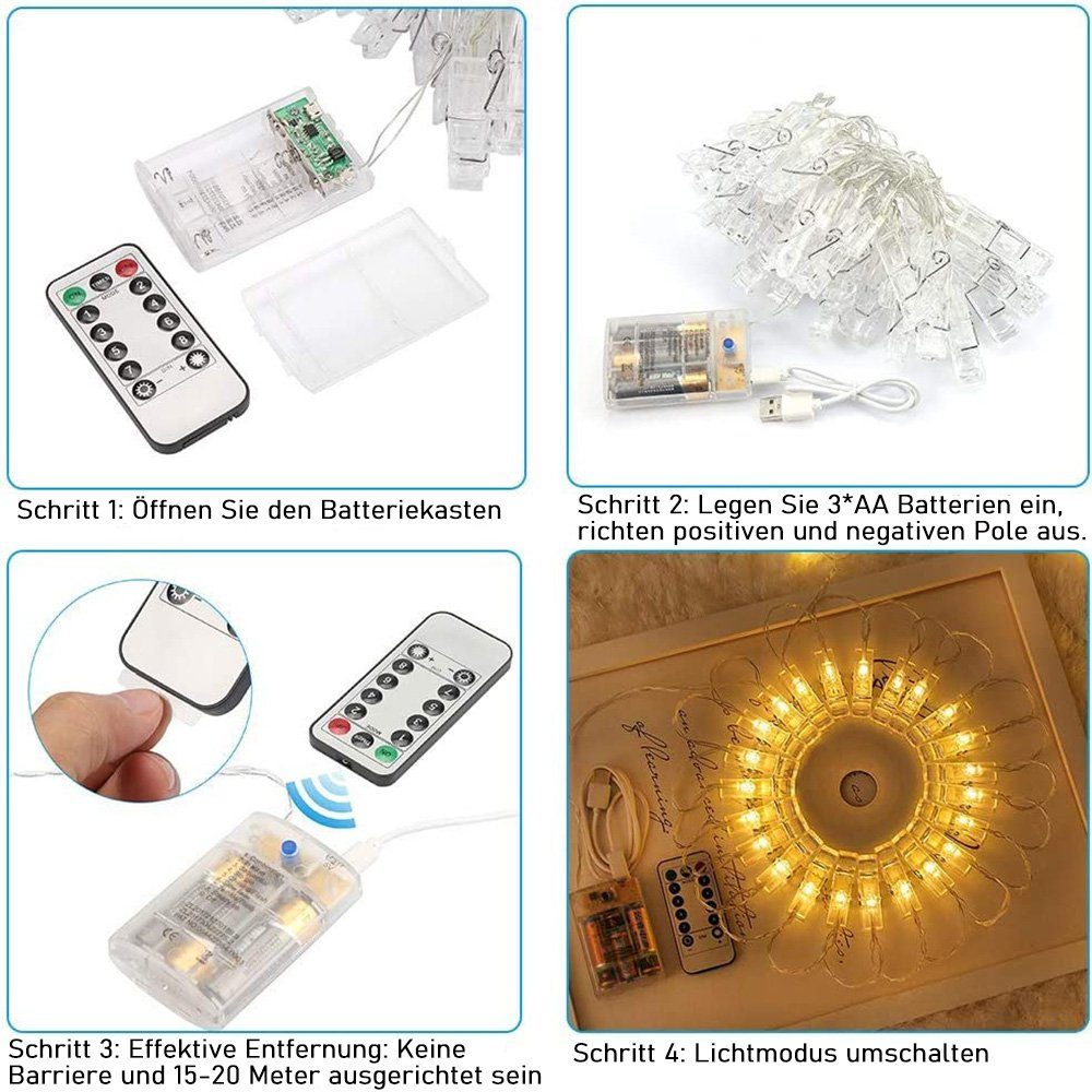 LED-Lichterkette zggzerg 8 Fernbedienung 50 LED Fotoclips mit Modi Lichterkette, Fotoclips 7,5M