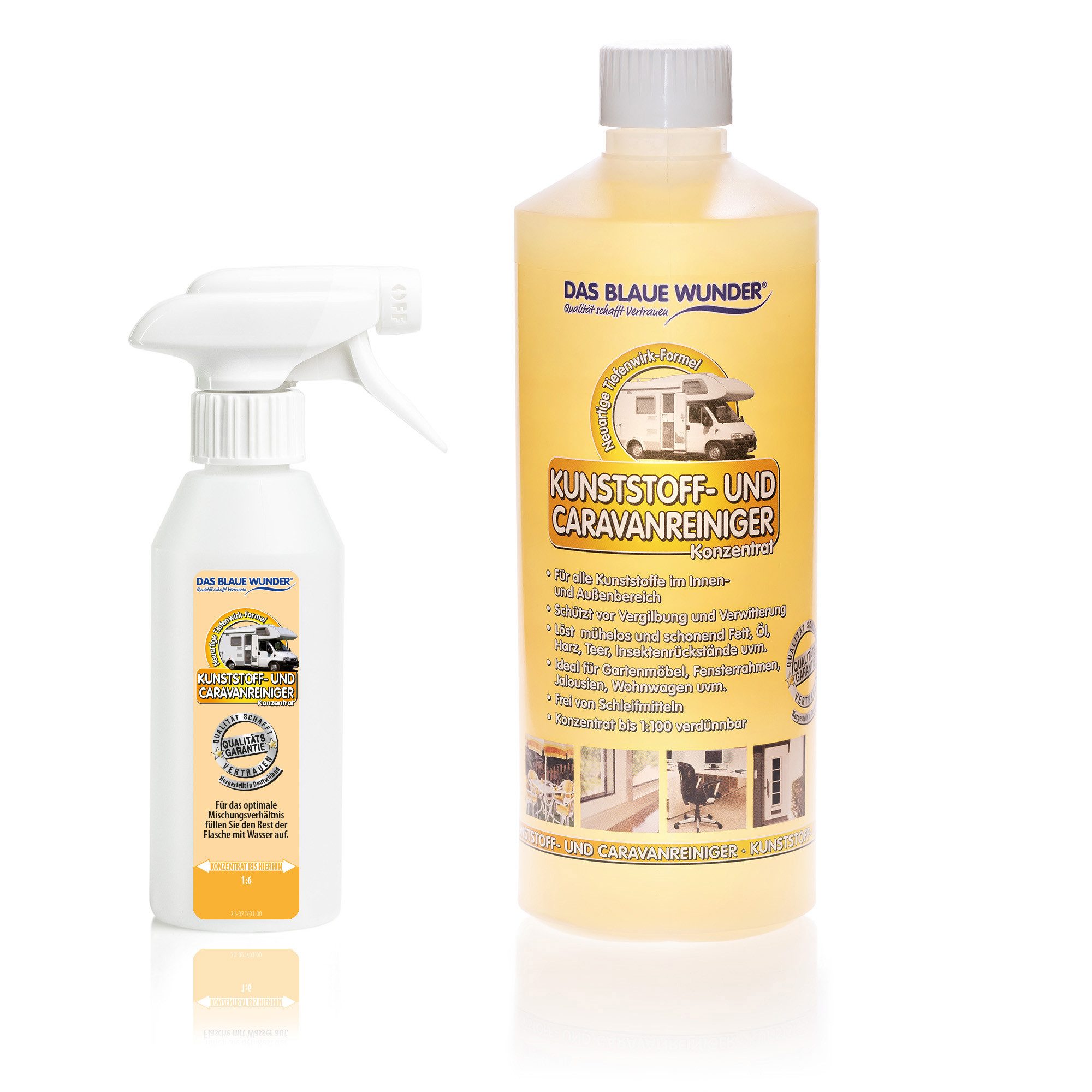 Das Blaue Wunder® Kunststoff- und Caravanreiniger Konzentrat Kunststoffreiniger (inkl. Sprühflasche, für Innen- und Außen, mit Tiefenwirk-Formel, [- 1 x KUNSTSTOFF- UND CARAVANREINIGER (1000ml) + 1 x Sprühflasche löst Fett und Verschmutzungen, Extra stark