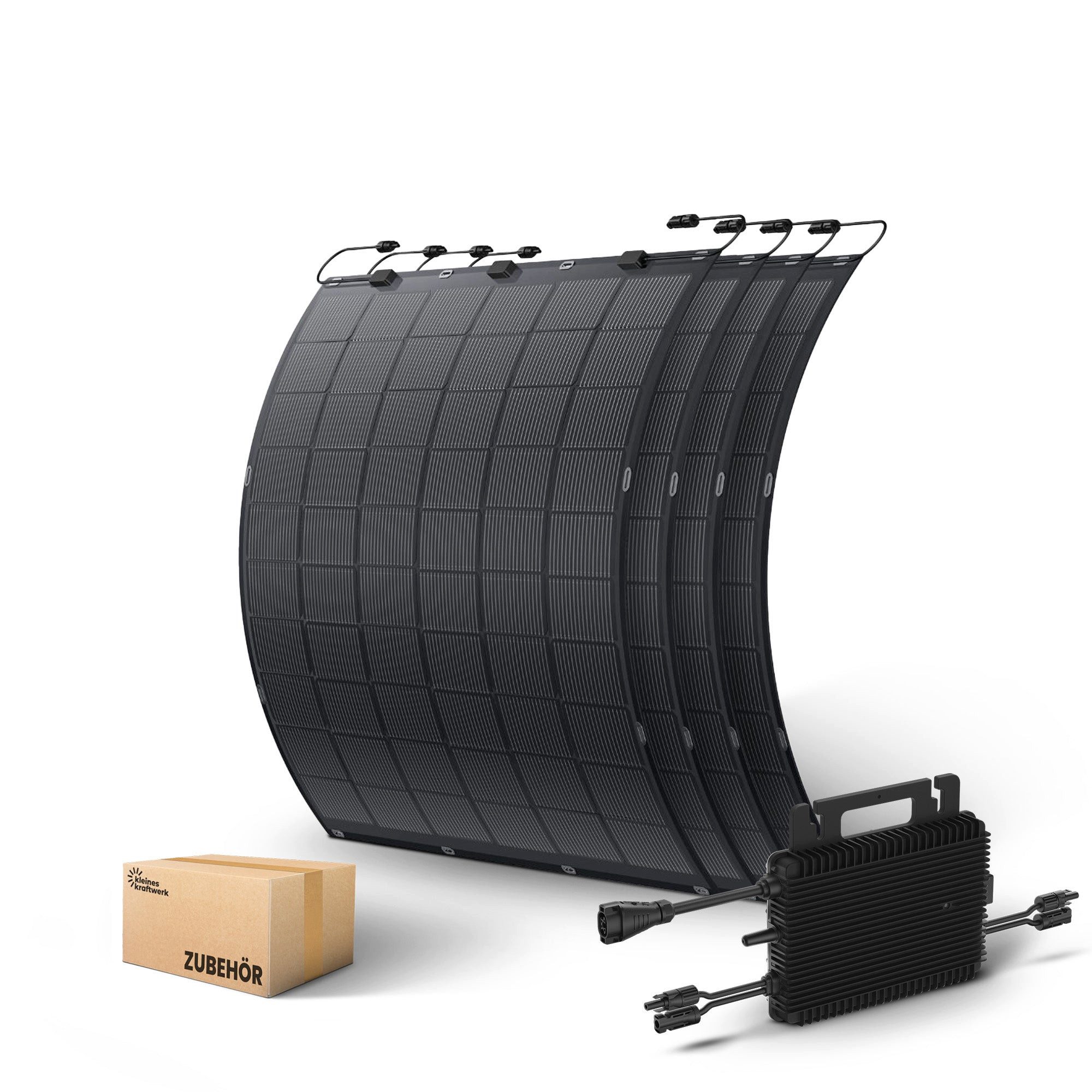 Kleines Kraftwerk Balkonkraftwerk Flexible Solarmodule mit Wechselrichter für Camping & Sonderflächen, 900 W, Monokristallin, (4-St), 4 x 225W flexible Solarmodule, Wechselrichter, Solarkabel