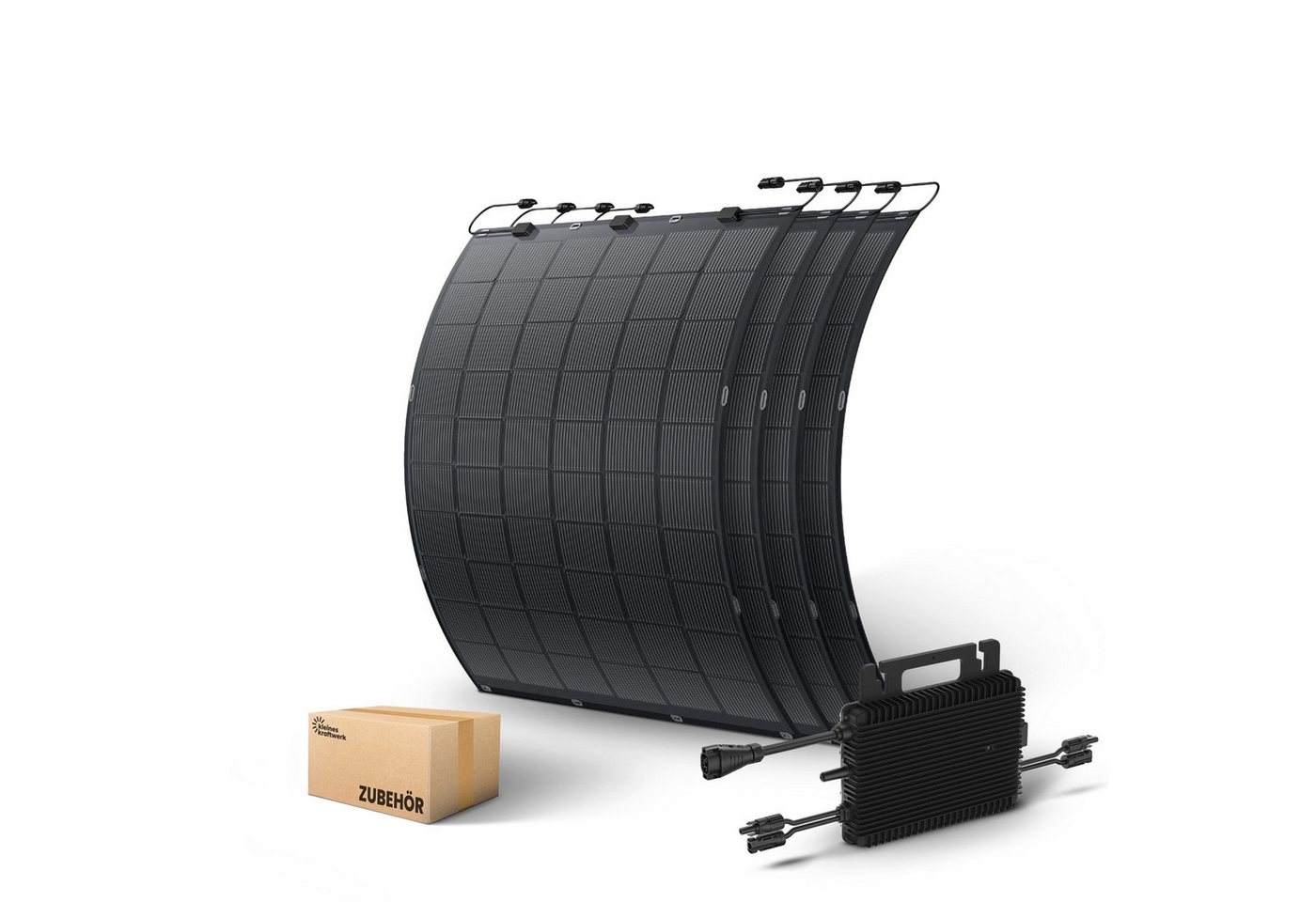Kleines Kraftwerk Balkonkraftwerk Flexible Solarmodule mit Wechselrichter für Camping & Sonderflächen, 900 W, Monokristallin, (4-St), 4 x 225W flexible Solarmodule, Wechselrichter, Solarkabel