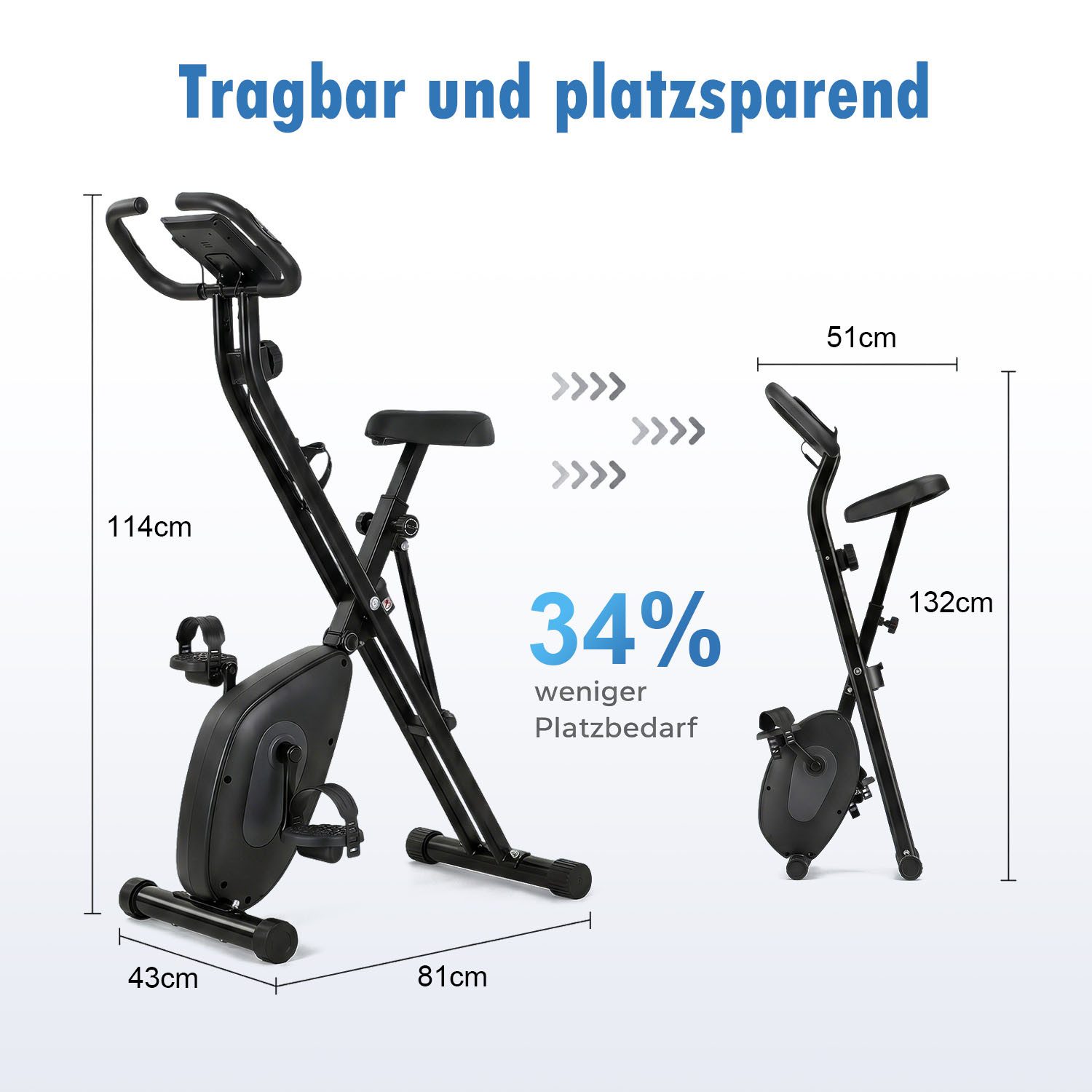 AIMAX Heimtrainer Fahrrad Klappbar Extra Leise bis 130 KG (mit 16 Widerstandsstufen, für Zuhause, Platzsparend), mit Komfort-Sattel Fitnessbikes Indoor Bike mit Bequemem Sitzkissen