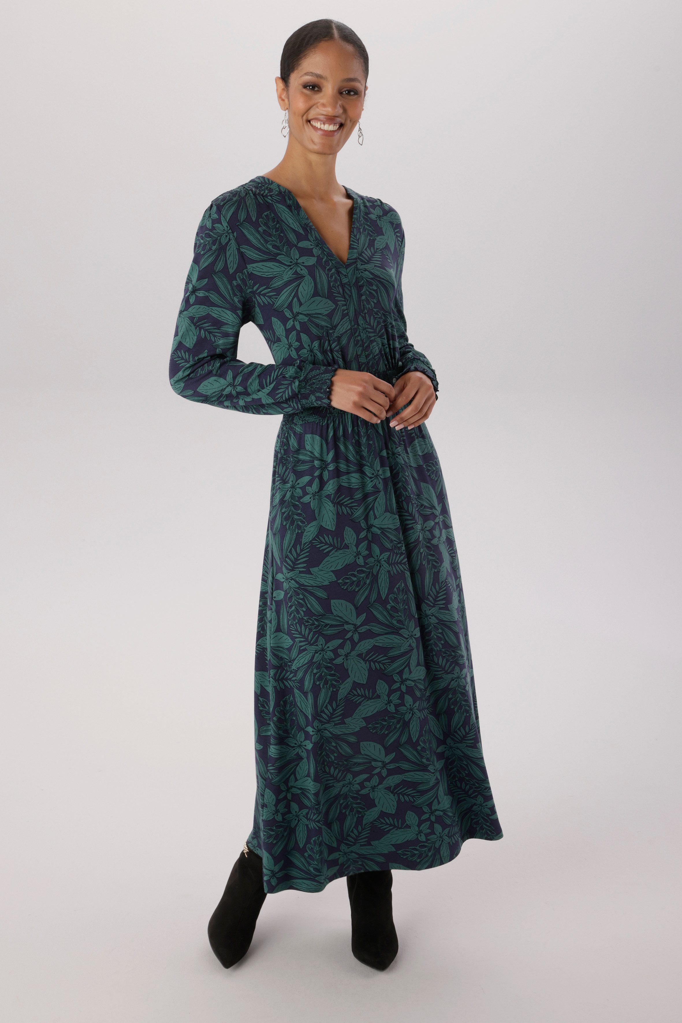 Aniston SELECTED Midikleid mit Smok-Details und fantasievollem Bläterdruck - NEUE KOLLEKTION