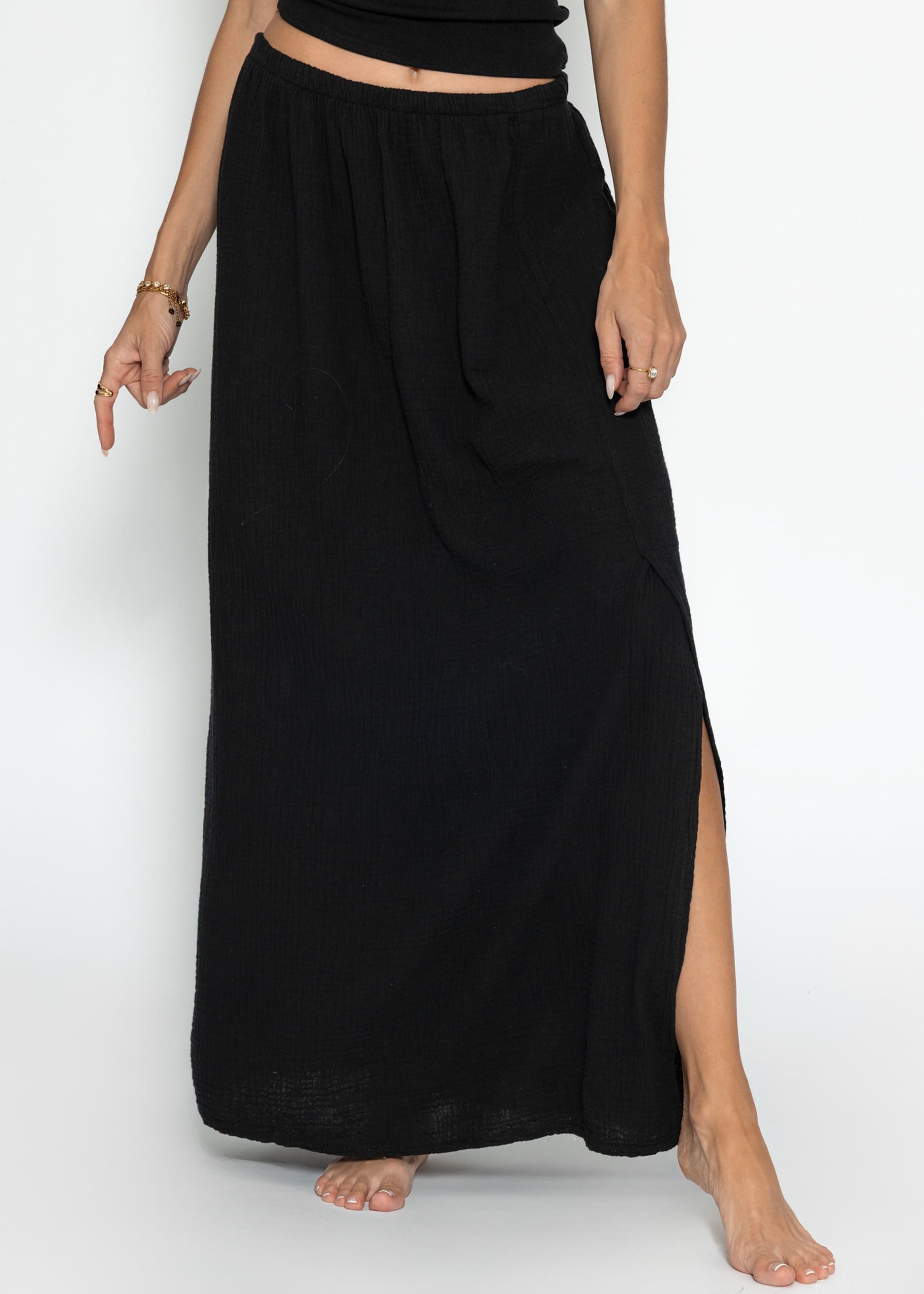 SASSYCLASSY A-Linien-Rock Maxi Musselin Rock mit Schlitz für Damen Maxirock aus Baumwolle mit elastischem Bund Schwarz Leo Taupe Pink