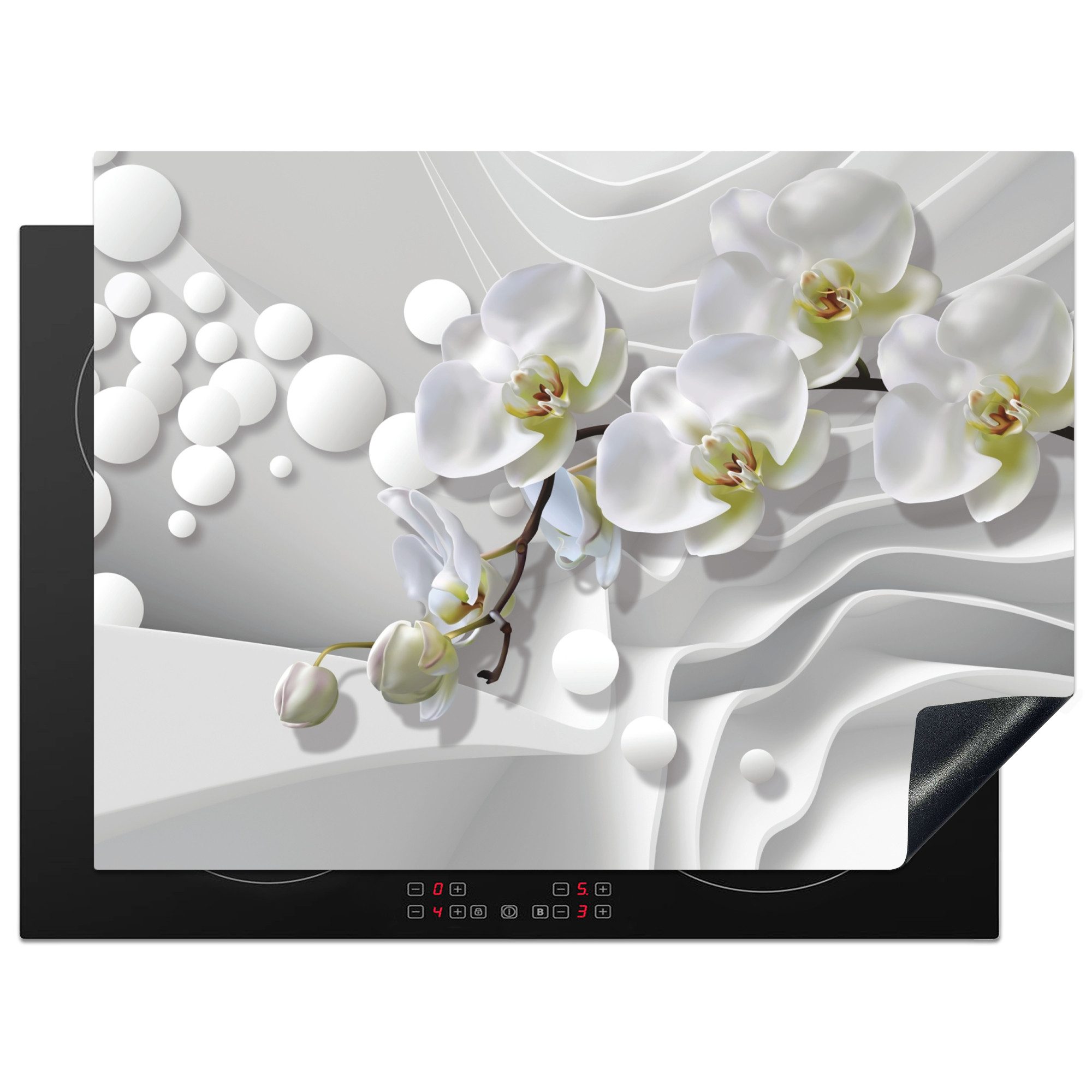 MuchoWow Herd-Abdeckplatte Weiß - Blumen - Orchidee - Abstrakt - Modern, Vinyl, (1 tlg), Küche Herdabdeckung Ceranfeld Induktionsfeld Vinyl, 65x50 cm