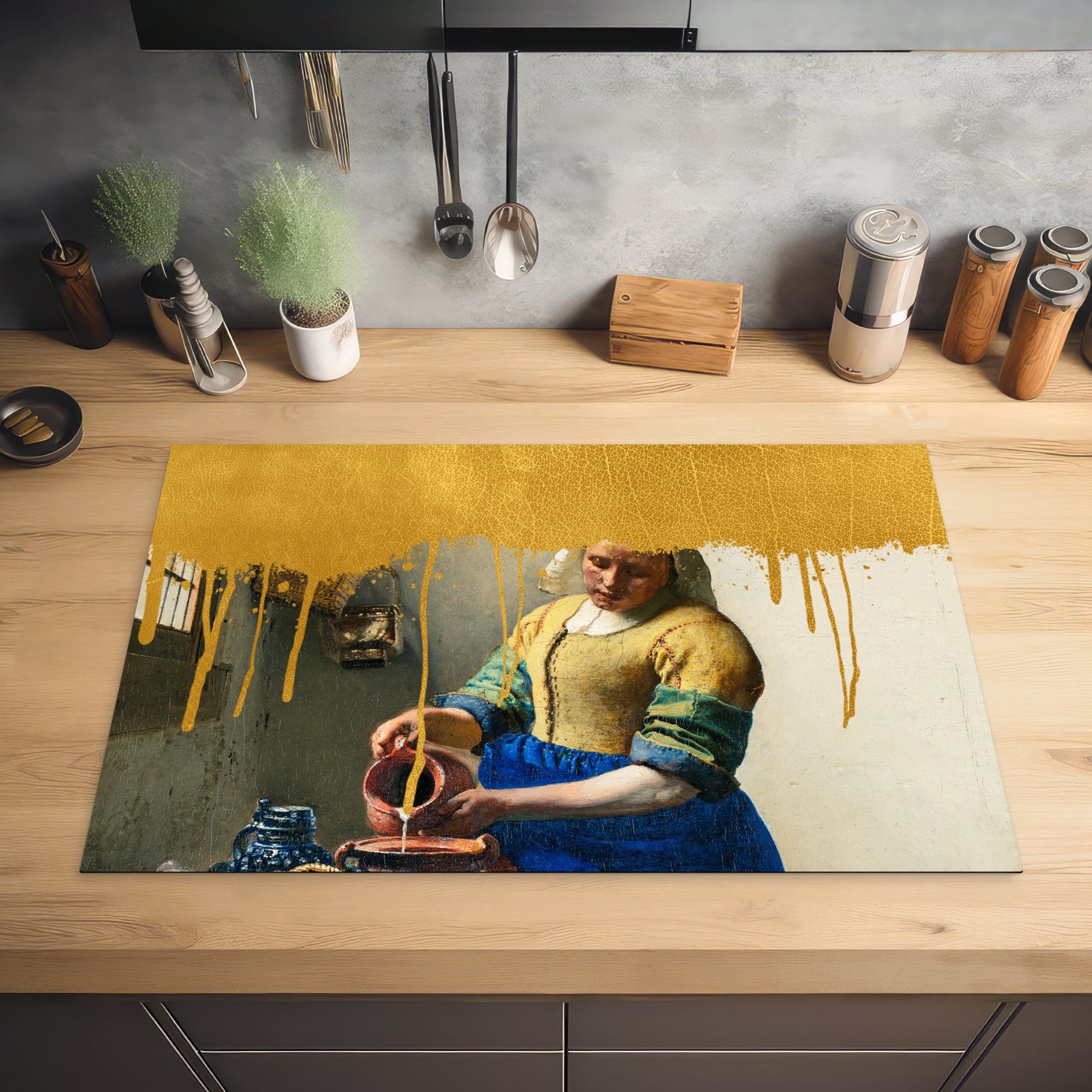 MuchoWow Herdblende-/Abdeckplatte Induktionskochfeld - Schutz tlg), die küche, Vermeer, Milchmädchen für (1 cm, Vinyl, 81x52 - Ceranfeldabdeckung Gold