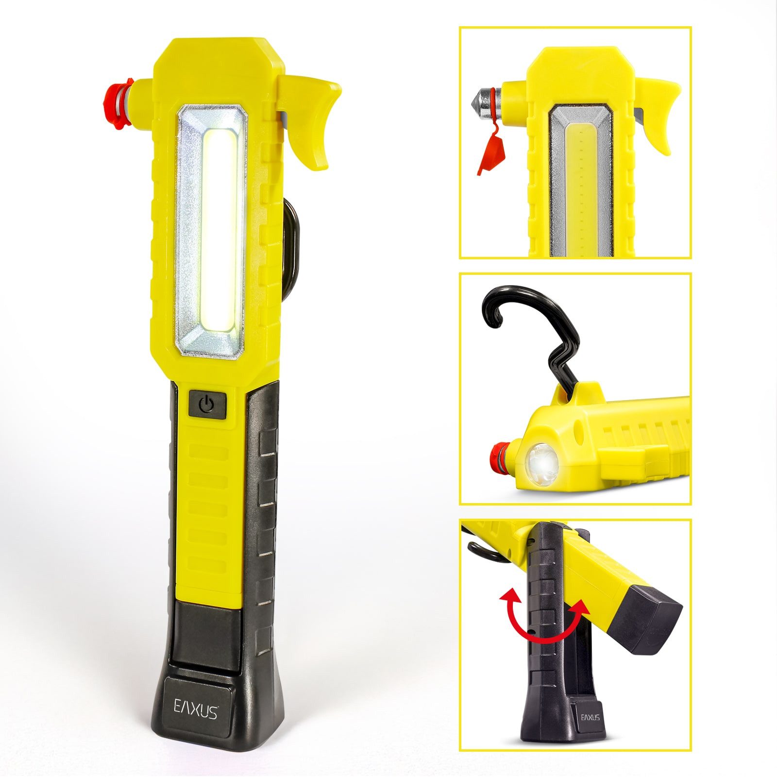 EAXUS Taschenlampe ProGuard Taschenlampe (mit Notfall-Hammer, Gurtschneider, Haken & Magnetfuß, 1-St., multifunktionales Pannen-Tool, Inspektionsleuchte), COB/LED