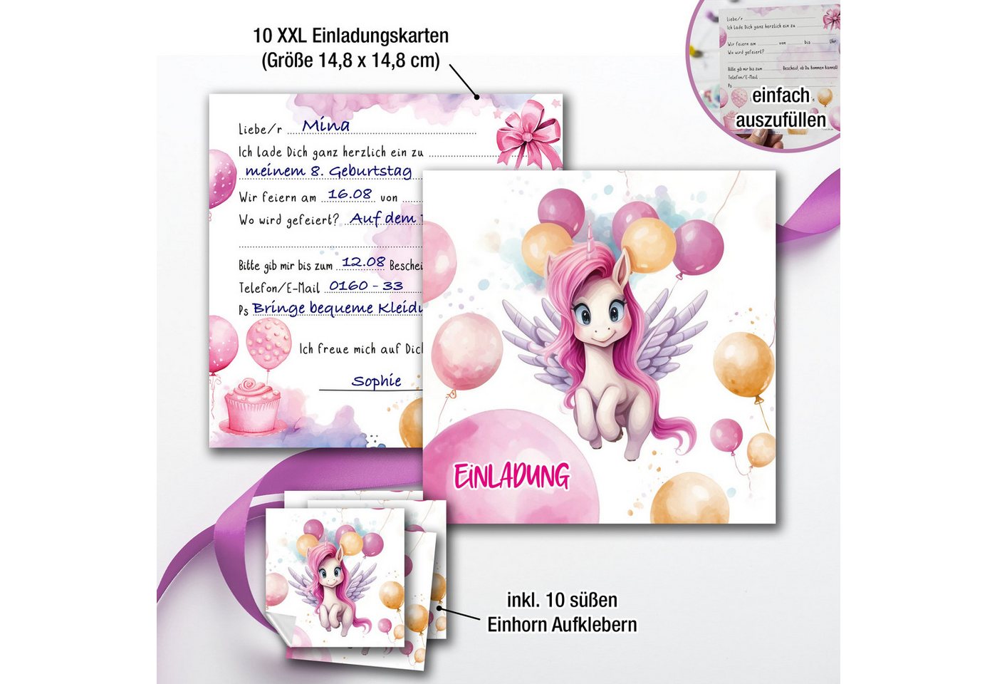 Thumbnail - TOBJA Einladungskarten XXL Einhorn 10 Einladungskarten Kindergeburtstag, Kindergeburtstag Mädchen Geburtstag Einladung K...