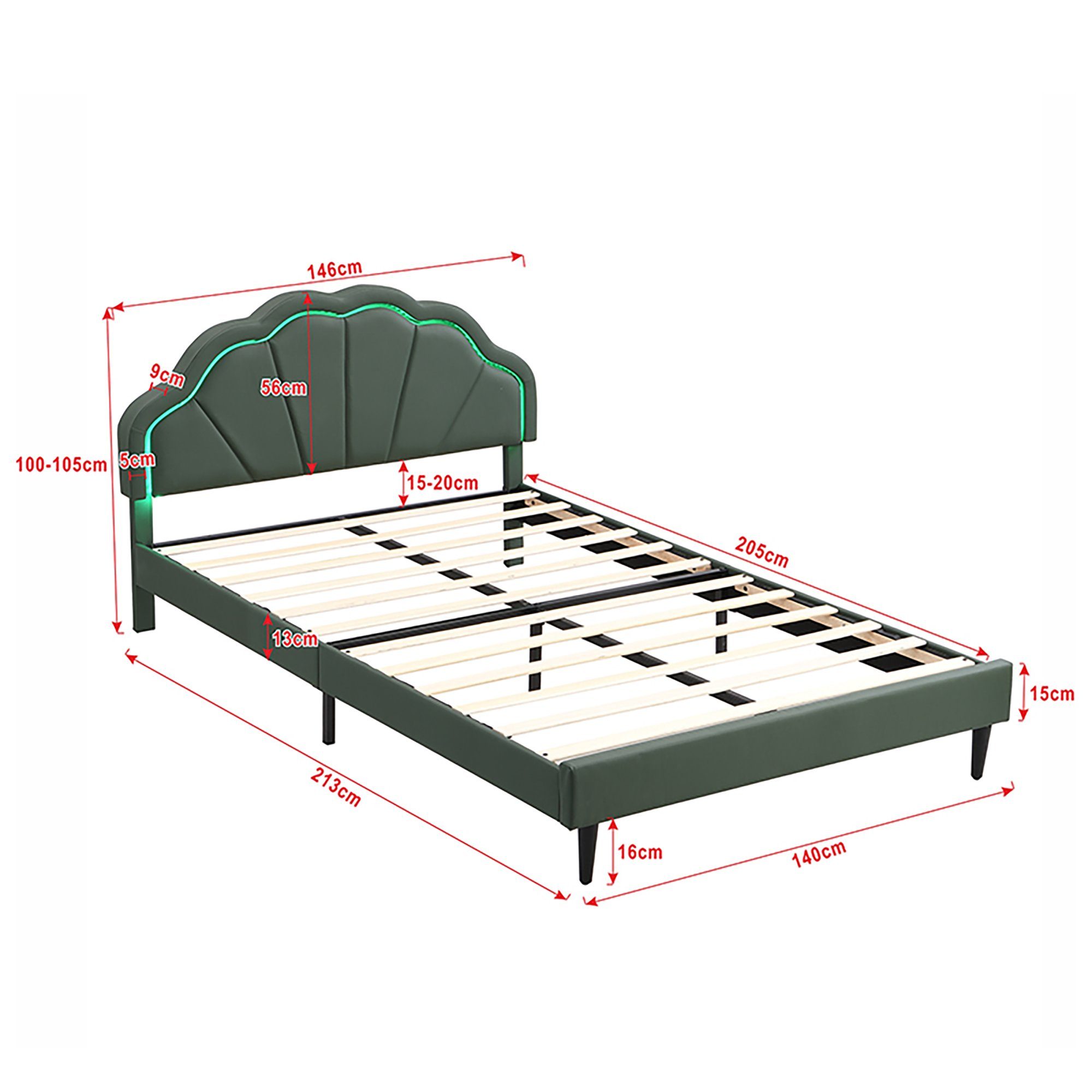 OKWISH 140*200cm), Polsterbett grün flächiges Doppelbett und Schwebebett Kopfteildesign mit Bett ohne Rahmen, Matratze LED-Leuchten Funktionsbett Doppelbett-Gästebett, (Gepolsterter