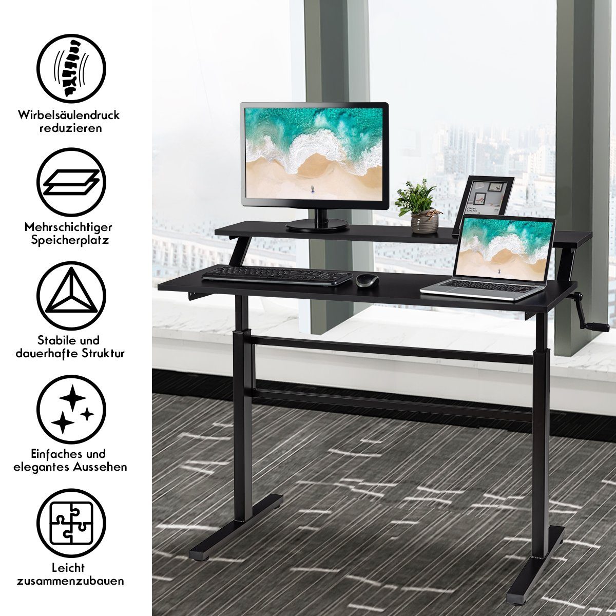 COSTWAY höhenverstellbar & 88-126cm, Monitor Handkurbel Regal Schwarz Schreibtisch,