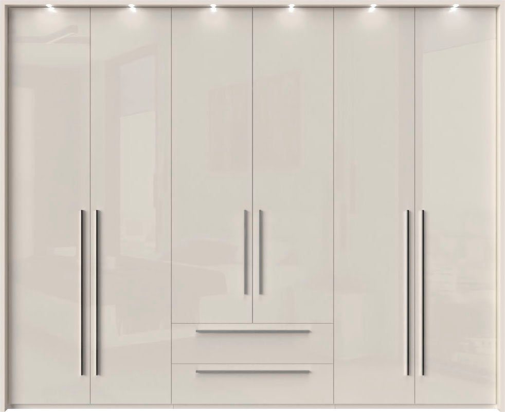 OTTO home Drehtürenschrank Piano, inklusive Rahmen und Beleuchtung, soft-close-Funktion (viele Breiten zur Auswahl, 226cm hoch, mit jeweils 2 Schubladen) beige oder weiß, UV lackiert, Hochglanzfronten, FSC-zertifiziert
