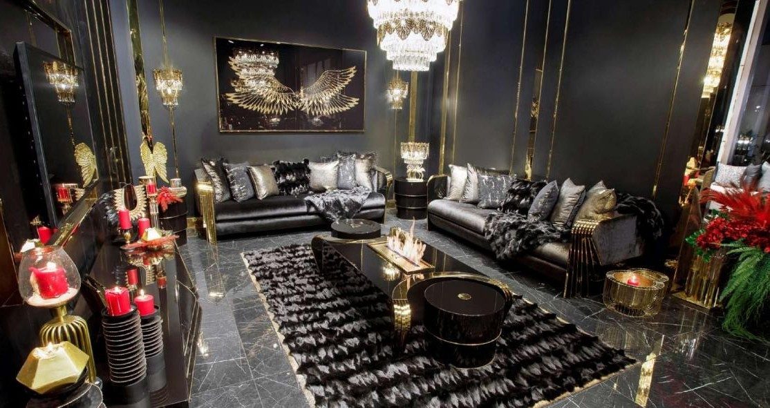 Xlmoebel Wohnlandschaft Schwarz-Goldenes Wohnzimmer Set mit Dreisitzer und Couchtisch, 1 Teile, Made in Europa