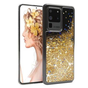 EAZY CASE Handyhülle Liquid Glittery Case für Samsung Galaxy S20 Ultra 6,9 Zoll, Durchsichtig Back Case Handy Softcase Silikonhülle Glitzer Cover Gold