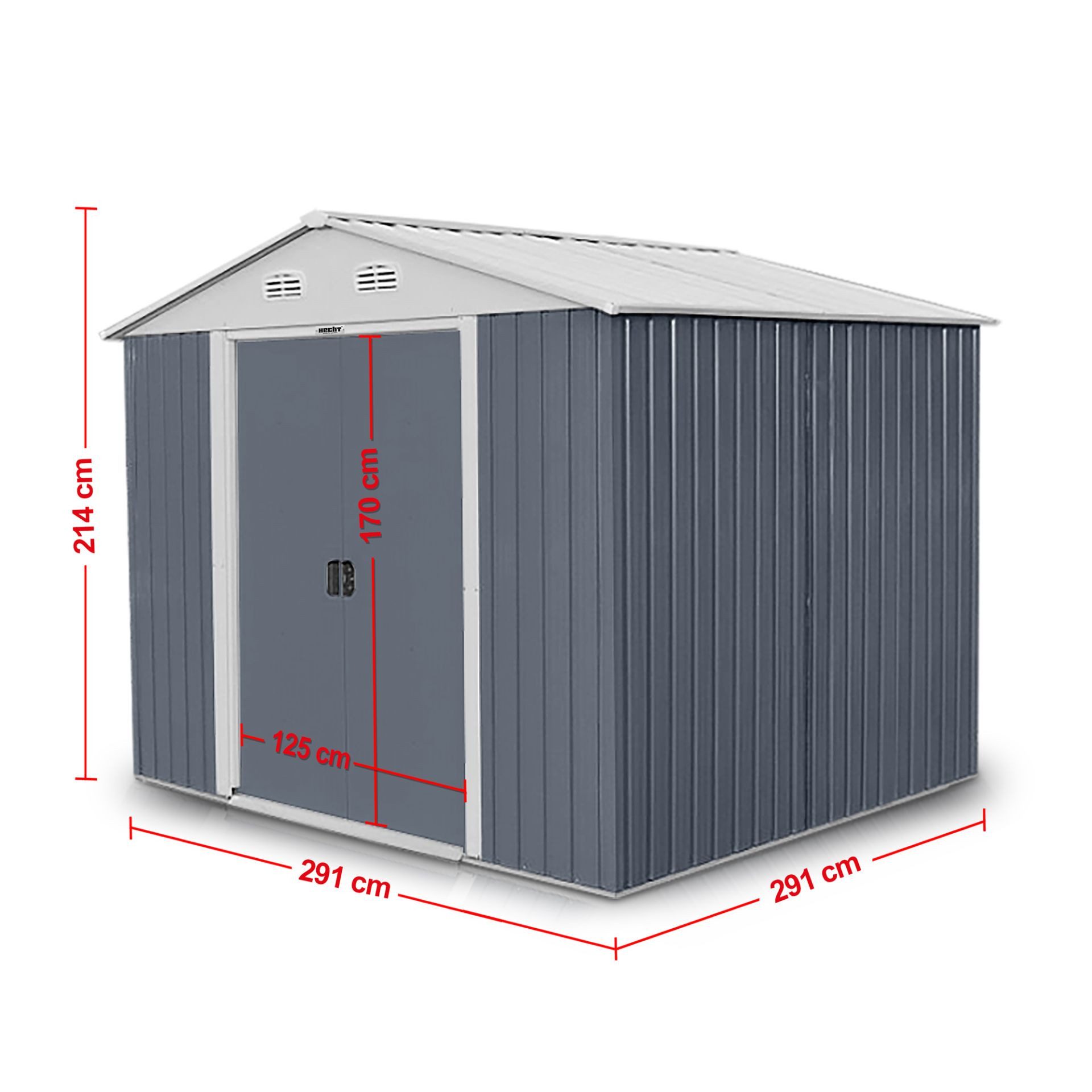 Hecht Gerätehaus 10X10 PLUS Metall Satteldach Schiebetür, BxT: 291x291 cm, Lüftungsgitter Geräteschuppen wetterfest