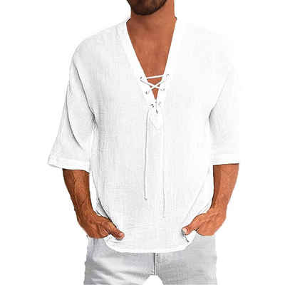 FIDDY Blusentop Hemden für Männer Herren Hemd Kurzarm Herren Leinenhemd