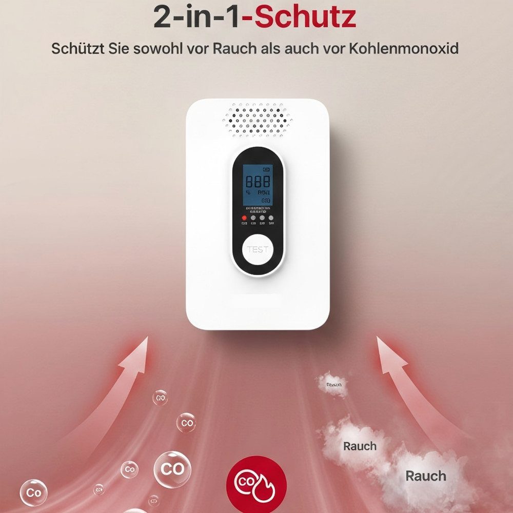 Forrlite Kohlenmonoxid Melder mit LCD Display, CO2 melder, 10 Jahre Batterie CO-Melder (Warnmelder, Lauter Alarm 115 dB, Testschalter, Mitgelieferte Batterien)