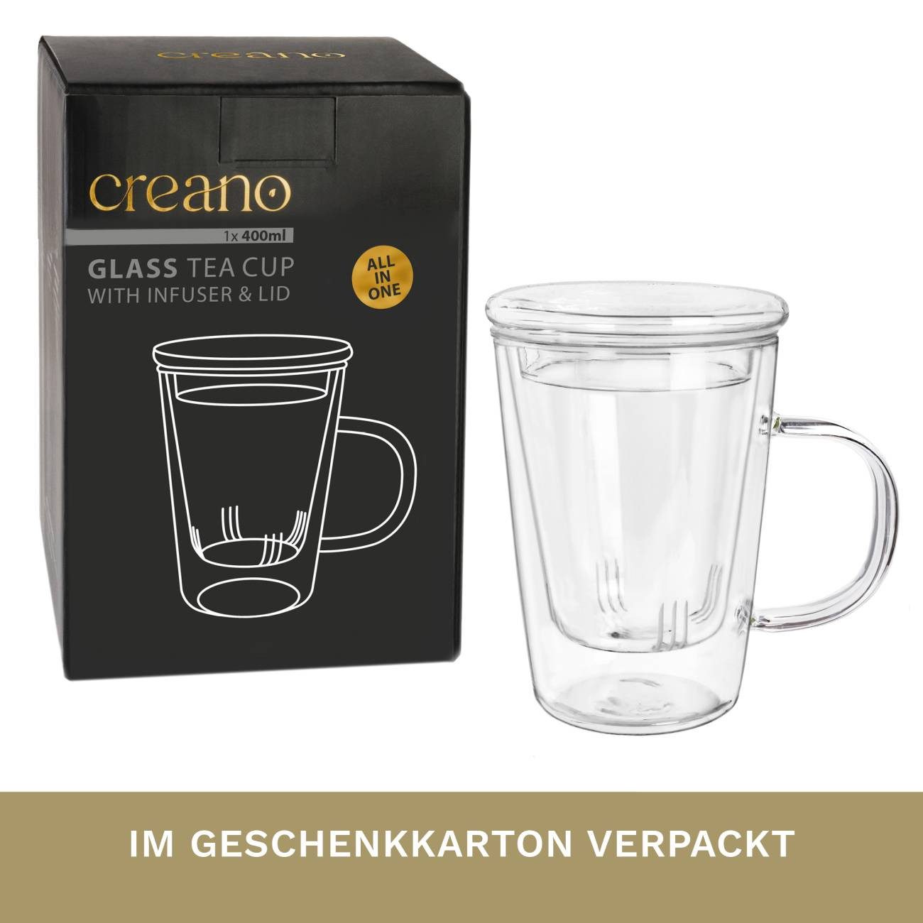 Creano Teeglas Creano Teeglas 400ml - mit Sieb und Deckel aus Glas – Bild 5 von 5