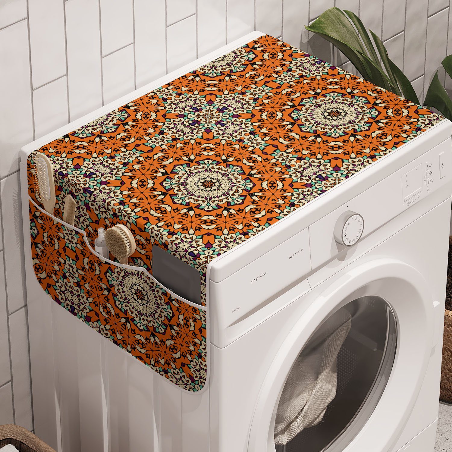 Abakuhaus Badorganizer Anti-Rutsch-Stoffabdeckung für Waschmaschine und Trockner, Orange Mandala Oriental Kultur