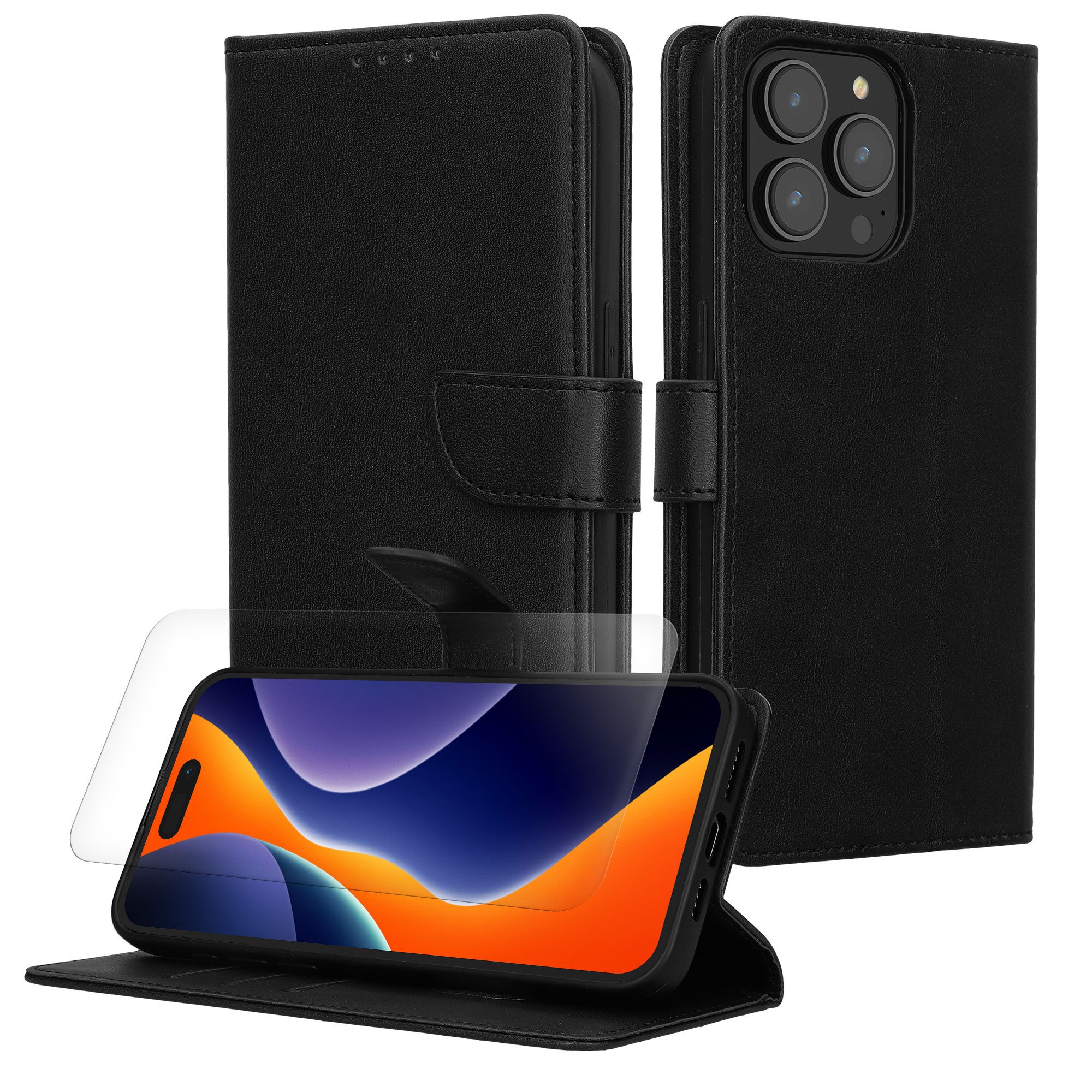 kwmobile Etui Kunstleder Handyhülle für Apple iPhone 15 Pro Hülle, Brieftaschen Schutzhülle aus PU-Leder mit Displayschutz
